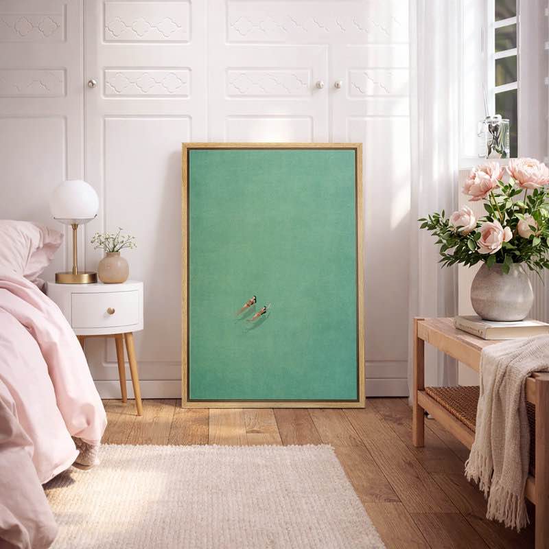 Turquoise Modern Aerial Swimmers Artwork, 36”x24” Minimalist Whimsical Bathroom Decor, Coastal Beach House Pictures, Framed Canvas Giclee Print Wall Art