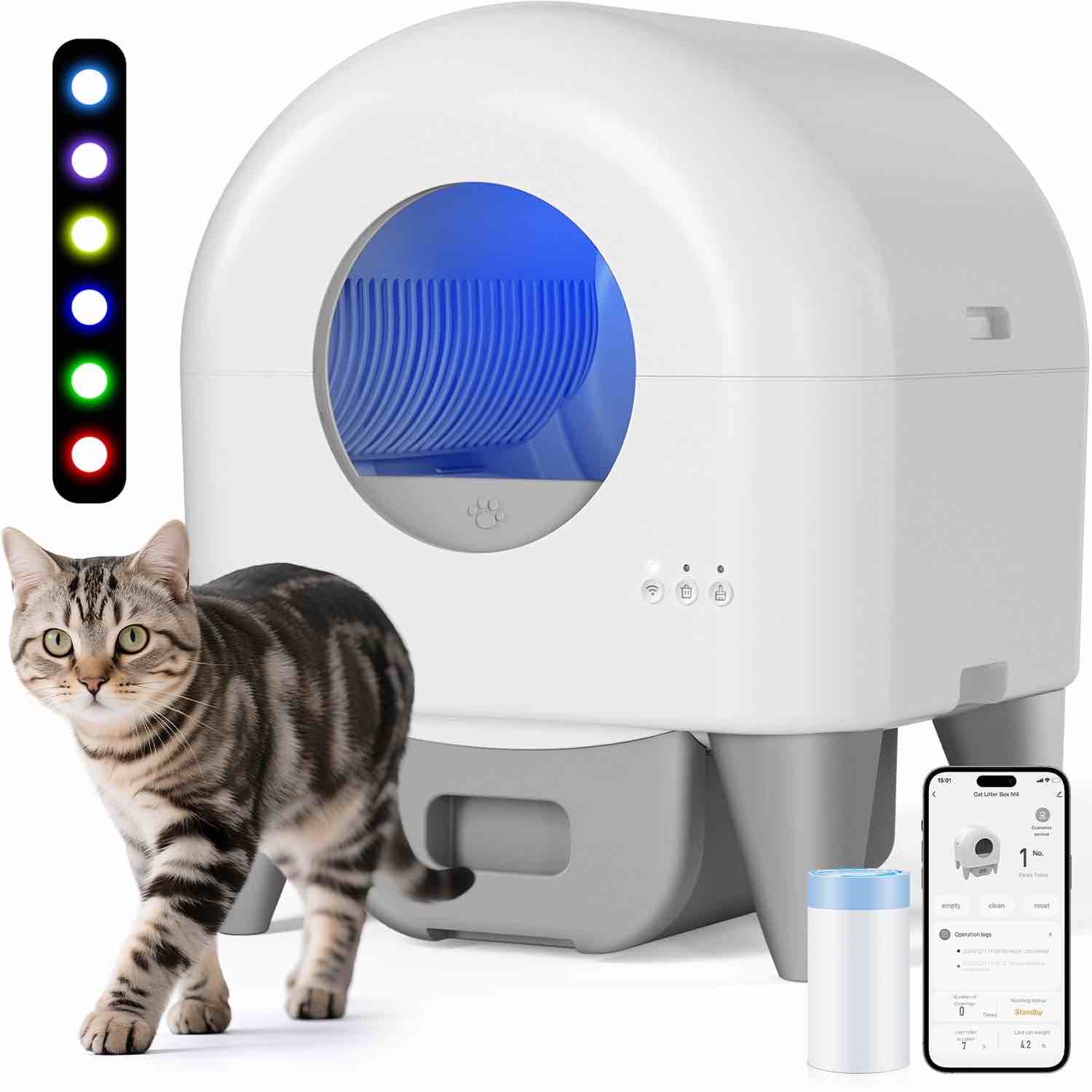 cumrige self-cleaning cat litter box, app controlled, with safety sensor, removable and washable liner