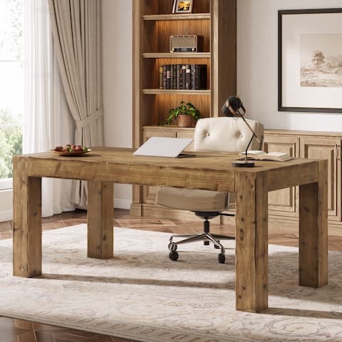 63-Inch Solid Wood Computer Desk, Large Executive Desk for Home Office - Rustic Brown