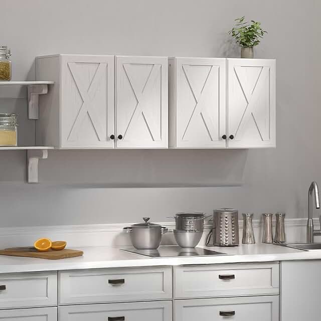 FIMELLO Wall Cabinet, Farmhouse Wall Mounted Cabinets for Kitchen Garage Laundry Storage, Medicine Cabinet with 2 Door and Shelves, Set of 2, White