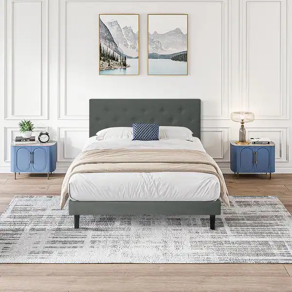 upholstered platform bed, grey twin size
