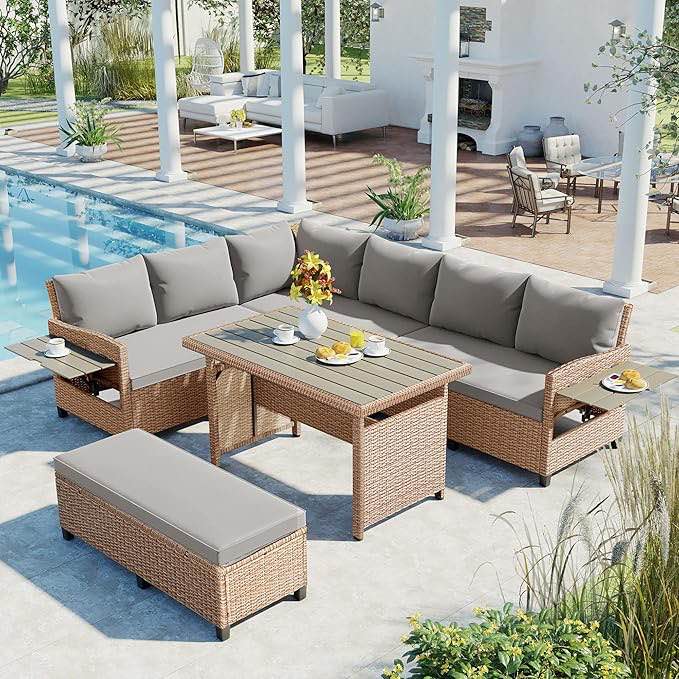 outdoor sectional l shaped patio sofa with rectangle table brown, (incomplete top table only)