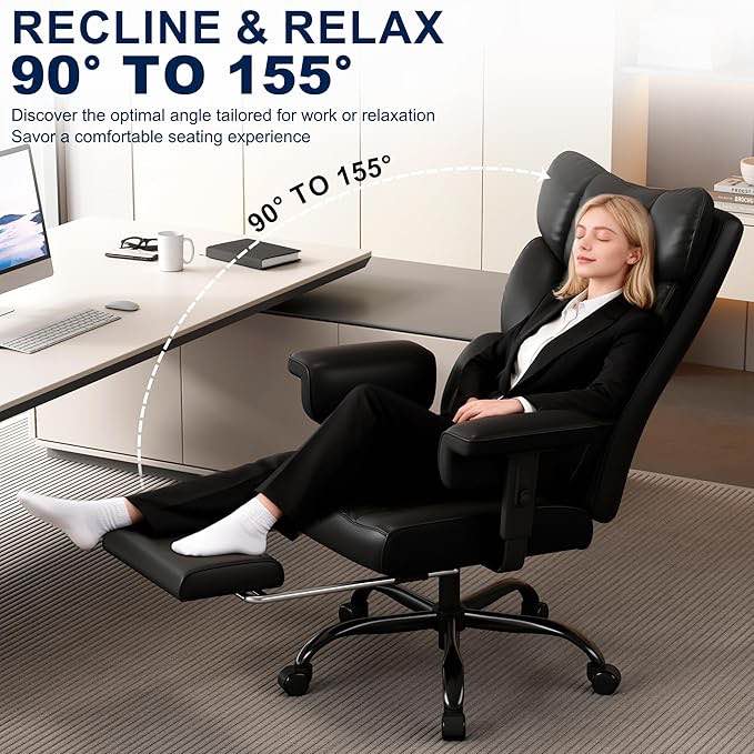 Misolant Big and Tall Office Chair with Footrest, High Back Executive Desk Chair with Adjustable Lift Armrest, 155°Recline?Lumbar Support Pillow, Faux Leather Gaming Chairs for Home or Office Black