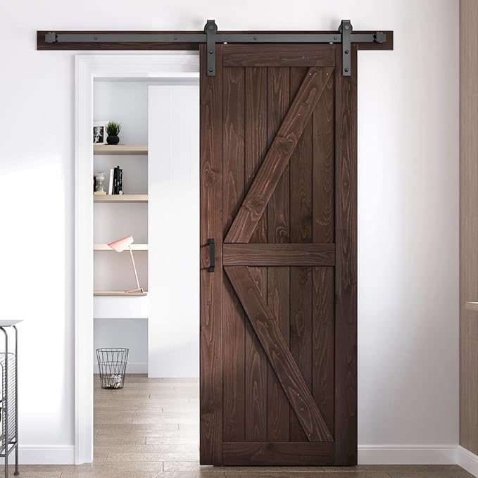 FREDBECK 32in x 84in Brown Wood Barn Door with 5.5ft Barn Door Hardware Track Kit Included, Double Surfaces,Simple Assembly is Required,K-Frame,Coffee