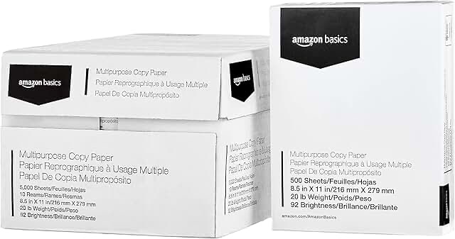 Amazon Basics Multipurpose Copy Printer Paper, 8.5" x 11", 20 lb, 10 Reams, 5000 Sheets, 92 Bright, White