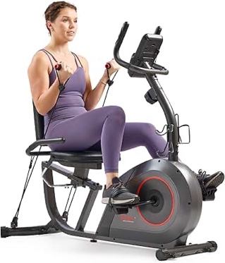 sunny health & fitness smart heavy-duty recumbent bike w/wide cushioned seat & back, indoor cycling machine for adult/seniors home exercise, free sunnyfit app connect, optional workout training bands