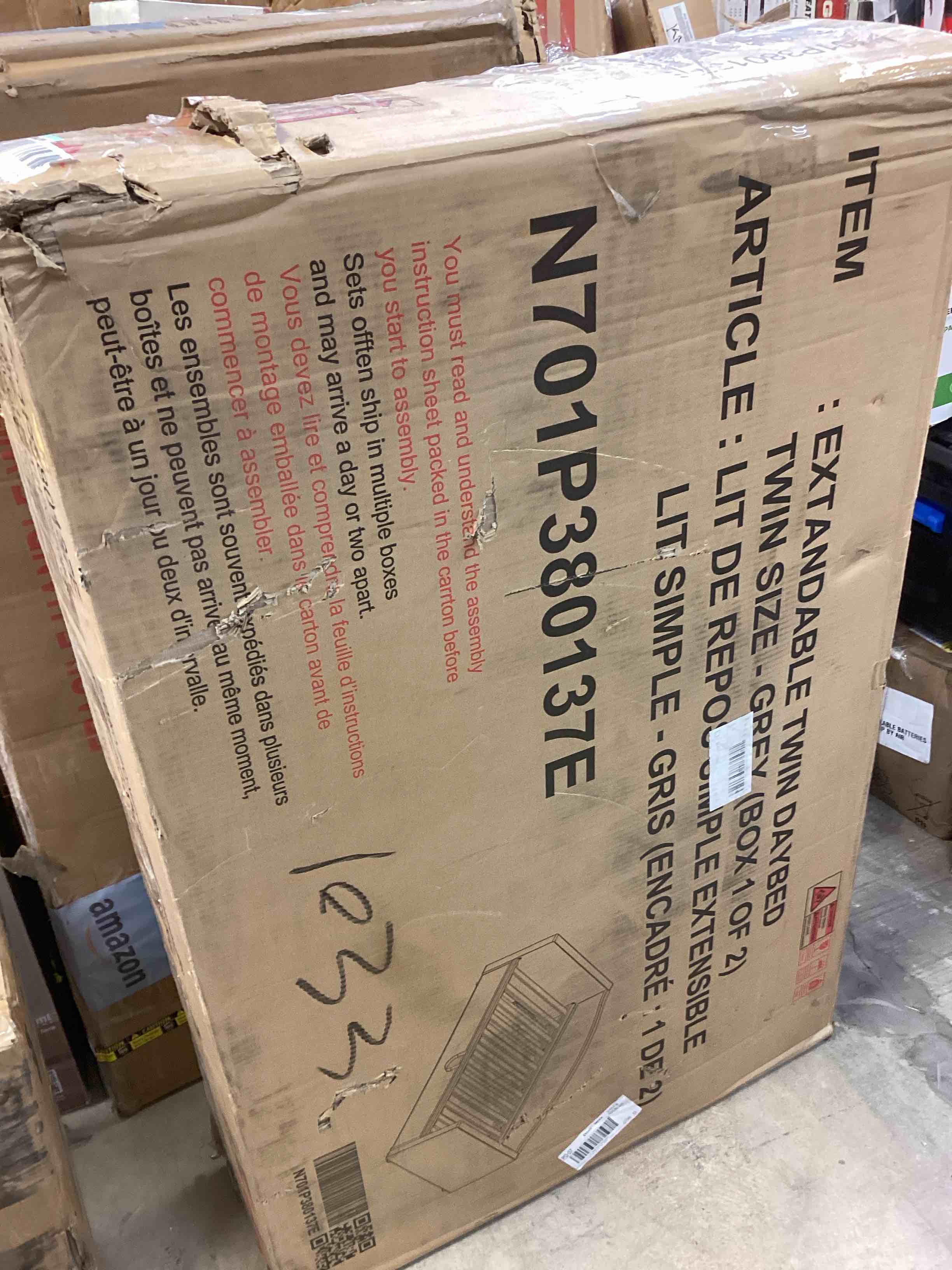 Condition photo showing New/Like New for extendable twin daybed grey, incomplete box 1 of 2 only 