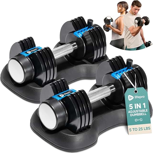 lifepro adjustable dumbbells - 15lb 25lb 43lb 55lb 90lb 6in1 dumbbells adjustable weight, compact quick adjustable dumbbells set/single for full body exercise & fitness home gym