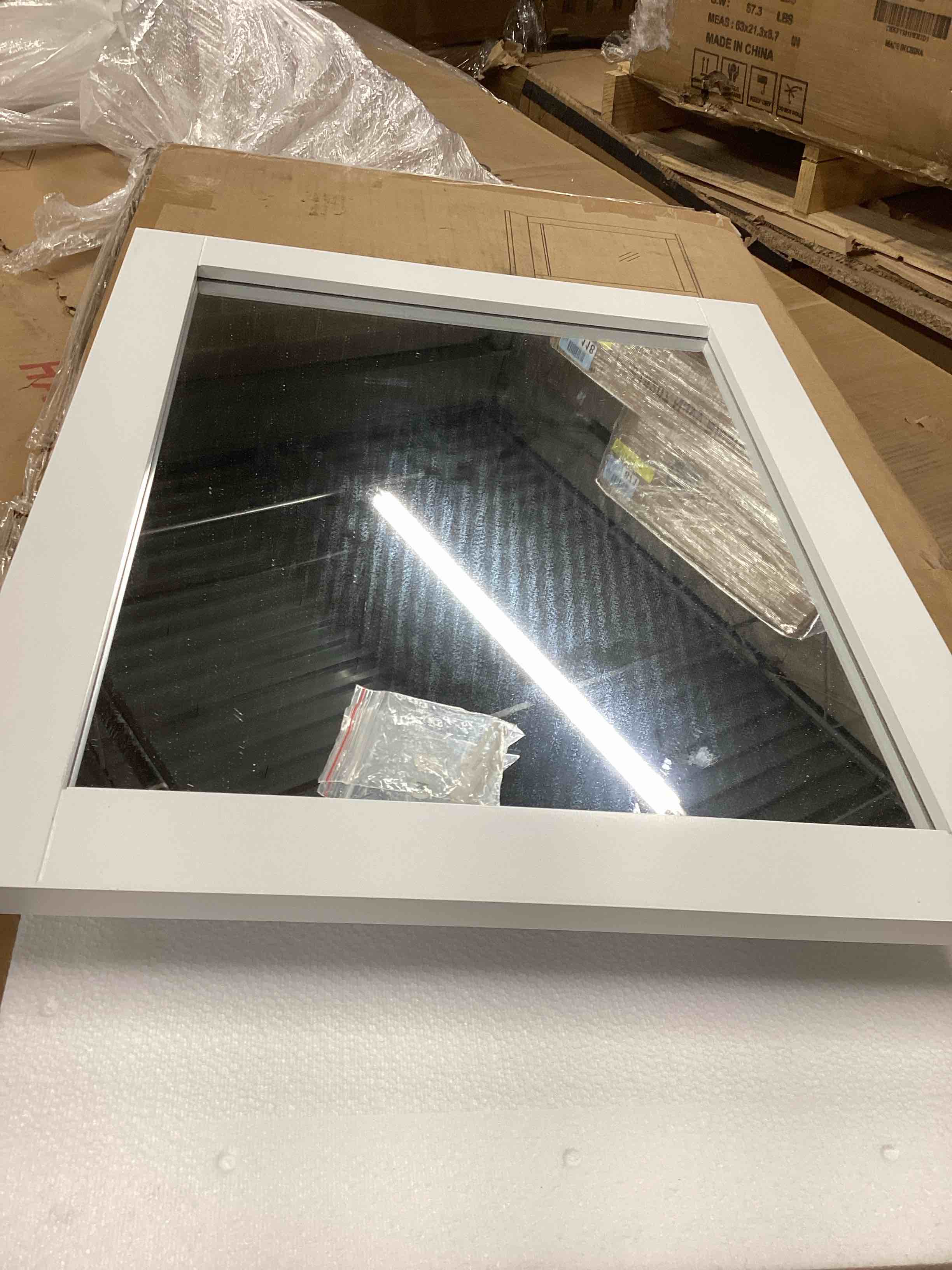 Condition photo showing As Is for Goggin Bathroom White Wall Mirror with Shelf