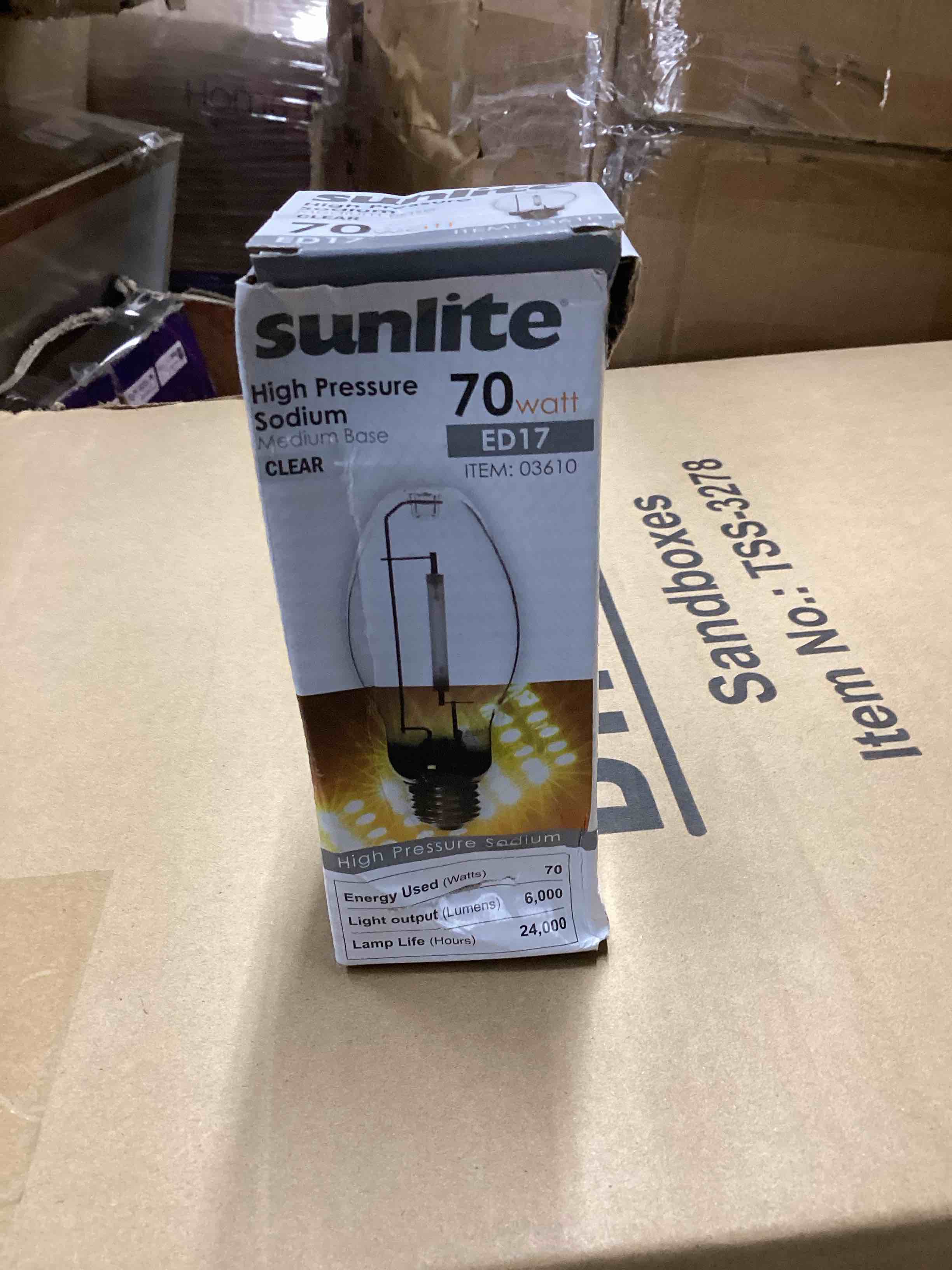 Condition photo showing Good Condition for Sunlite 03610 LU70/MED High Pressure Sodium Light Bulb, 70 Watts, ED17/MED, Medium Base (E26), ANSI Code S62, 6000 Lumen, 24000 Life Hours, Clear, 2100K