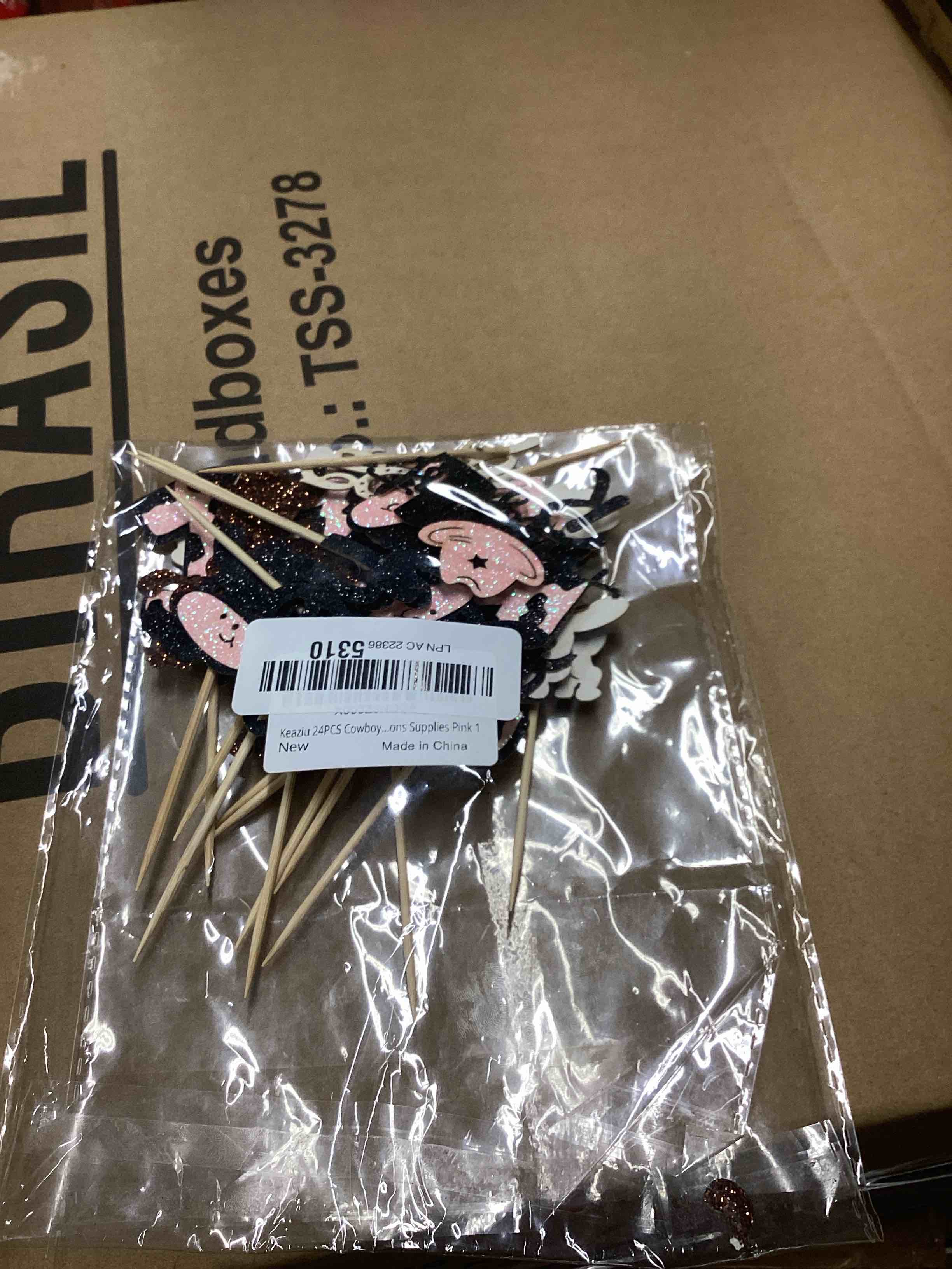 Condition photo showing New/Like New for 24PCS Cowboy My 1st Rodeo Cupcake Toppers Riding HorseShoe Cowgirl Hats Western Theme Happy Birthday Baby Shower Party Cake Decorations Supplies Pink 1