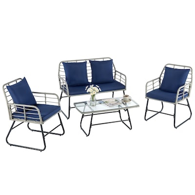 Sweetcrispy 4-Piece Wicker Patio Conversation Set with Blue Cushions
