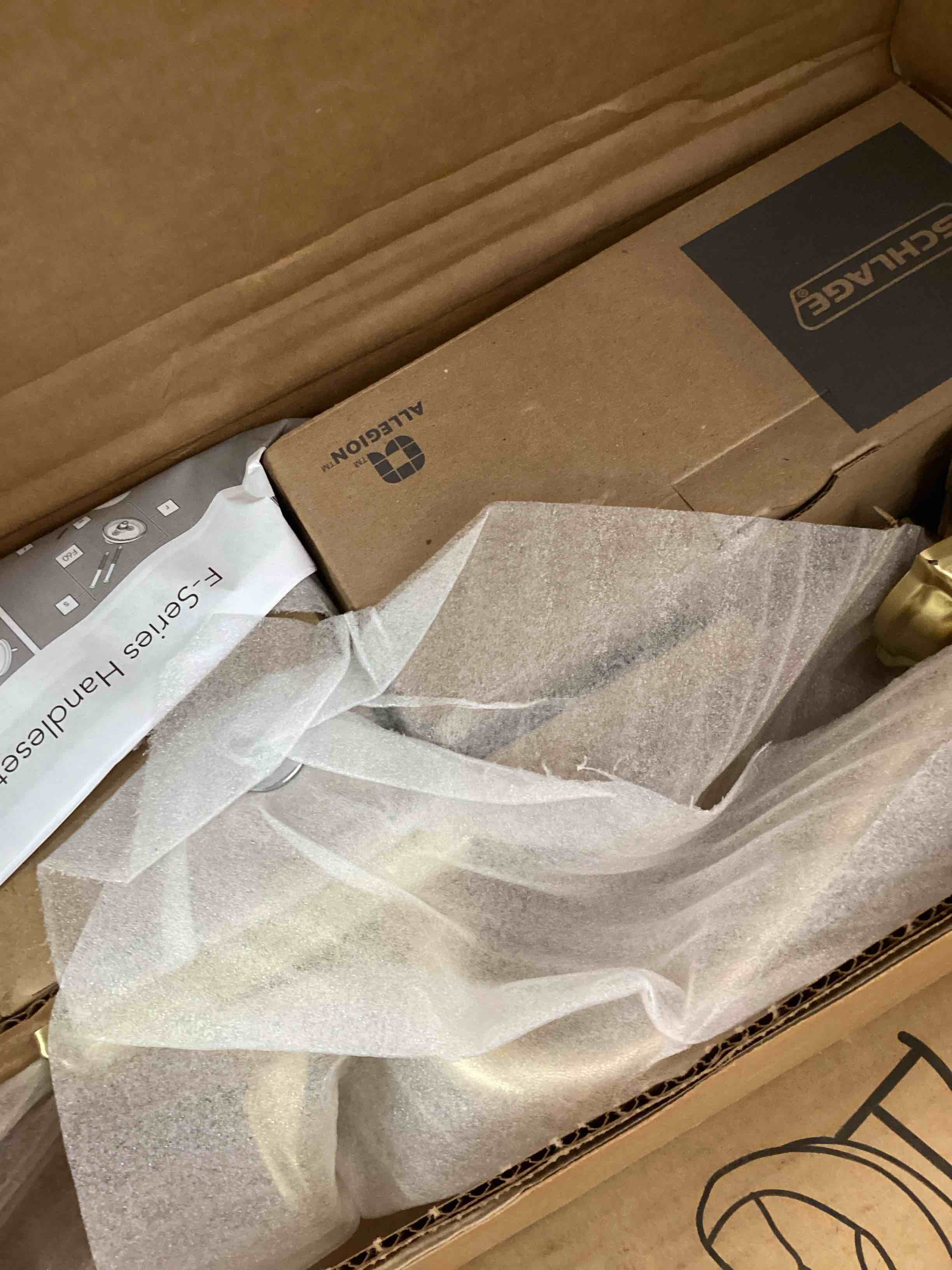 Condition photo showing Good Condition for schlage f58 cam 608 camelot exterior entrance handleset single cylinder, satin brass (exterior half only)