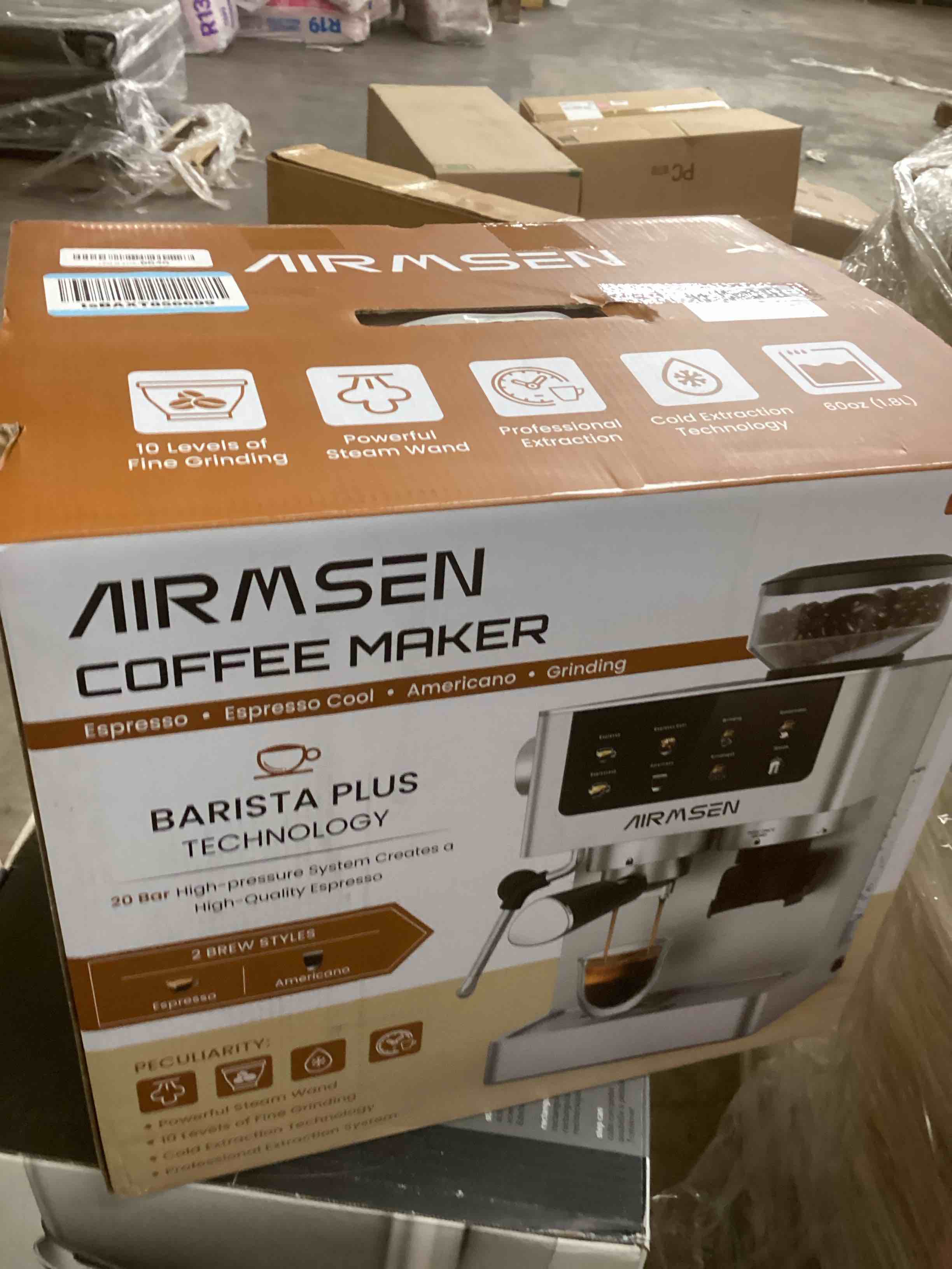 Condition photo showing New/Like New for AIRMSEN Espresso Machines with Burr Grinder, 20 Bar, Milk Frother Steam Wand, Stainless Steel Coffee Maker for Home - Cappuccino Latte & ??Cold Brew?? Iced Coffee Maker & Americano