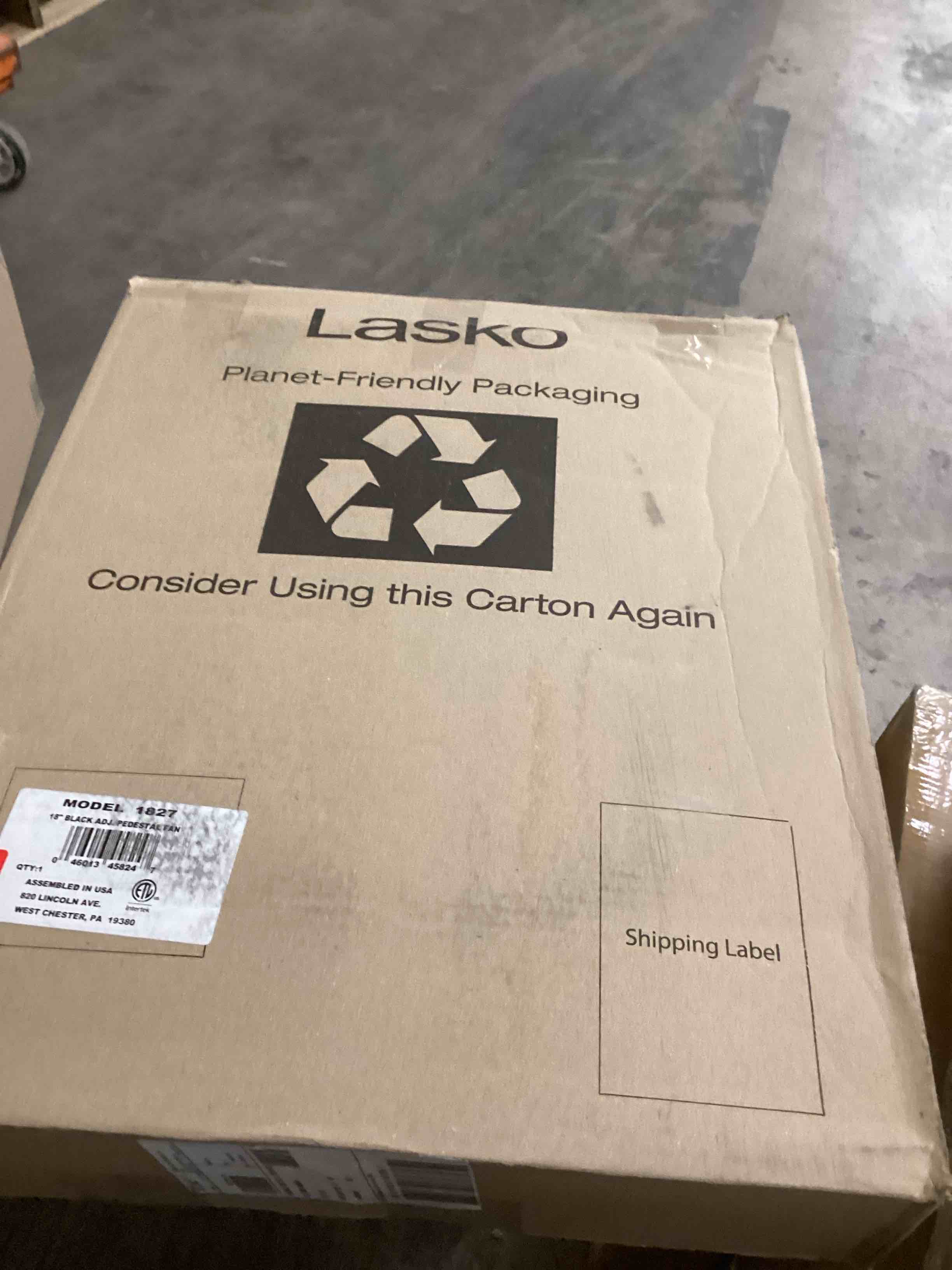 Condition photo showing New/Like New for Lasko Pedestal Fan, Oscillating Fan for Bedroom with Adjustable Height and 3 Cooling Speeds, Portable, 18", Black, 1827
