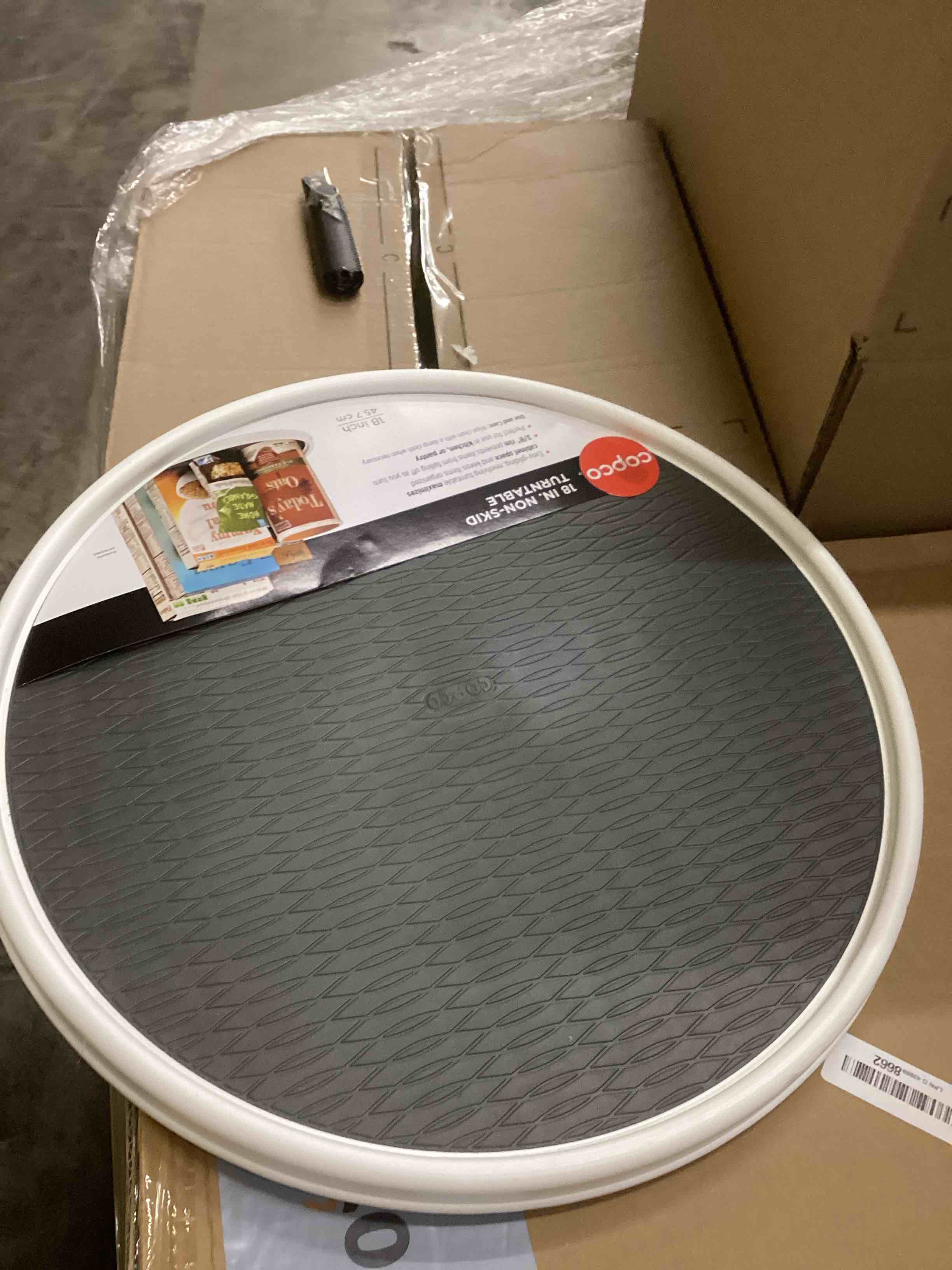 Condition photo showing New/Like New for Copco 255-0186 Non-Skid Pantry Cabinet Lazy Susan Turntable, 18-Inch, White/Gray - 2555-0186