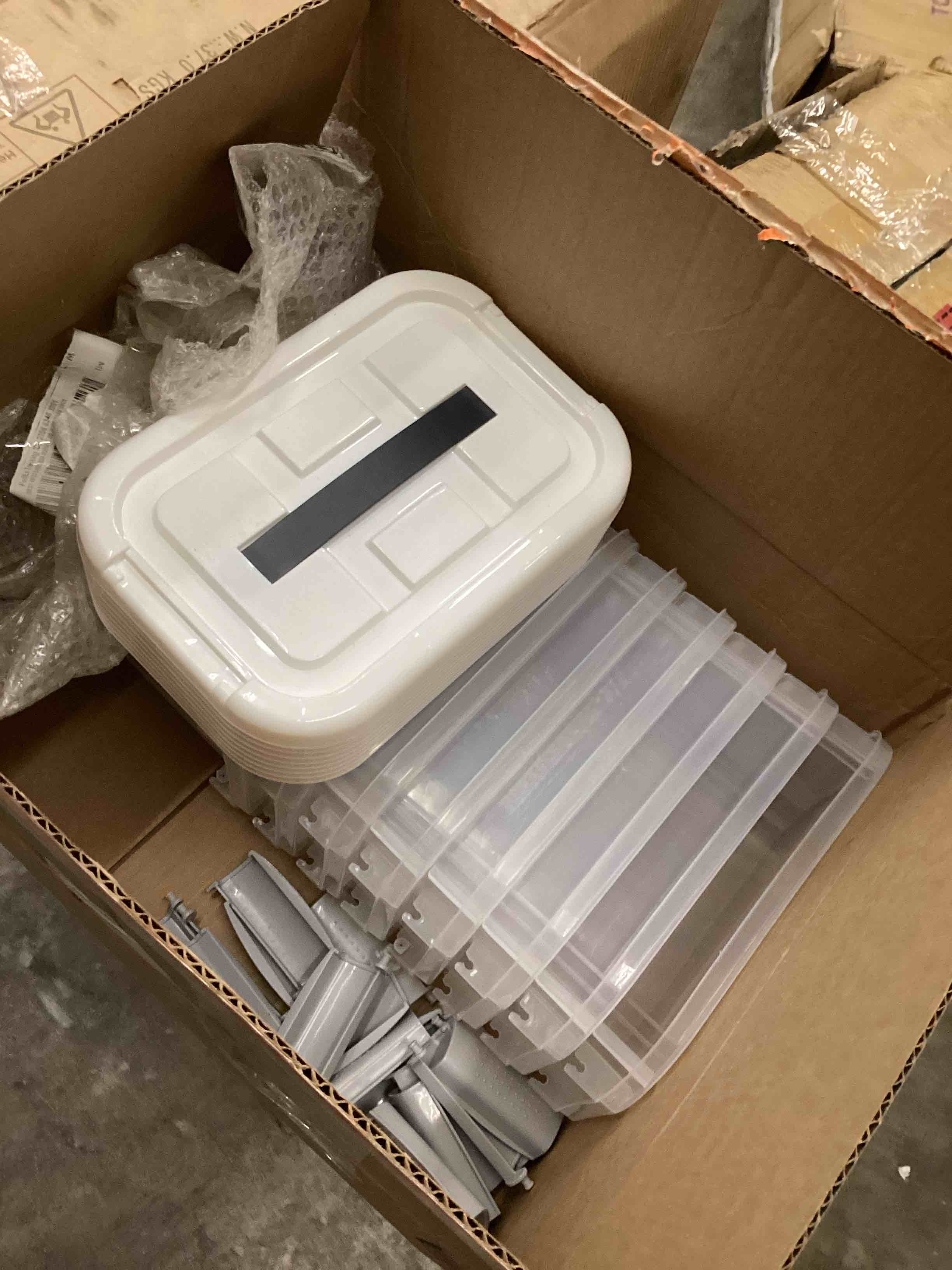 Condition photo showing As Is for Plastic Bin with Lid, 8 PCS Transparent Storage Box Office Container with Lids Platic Hangers Office Storage Bins Clothes Hangers Wardrobe Sundries Organizer