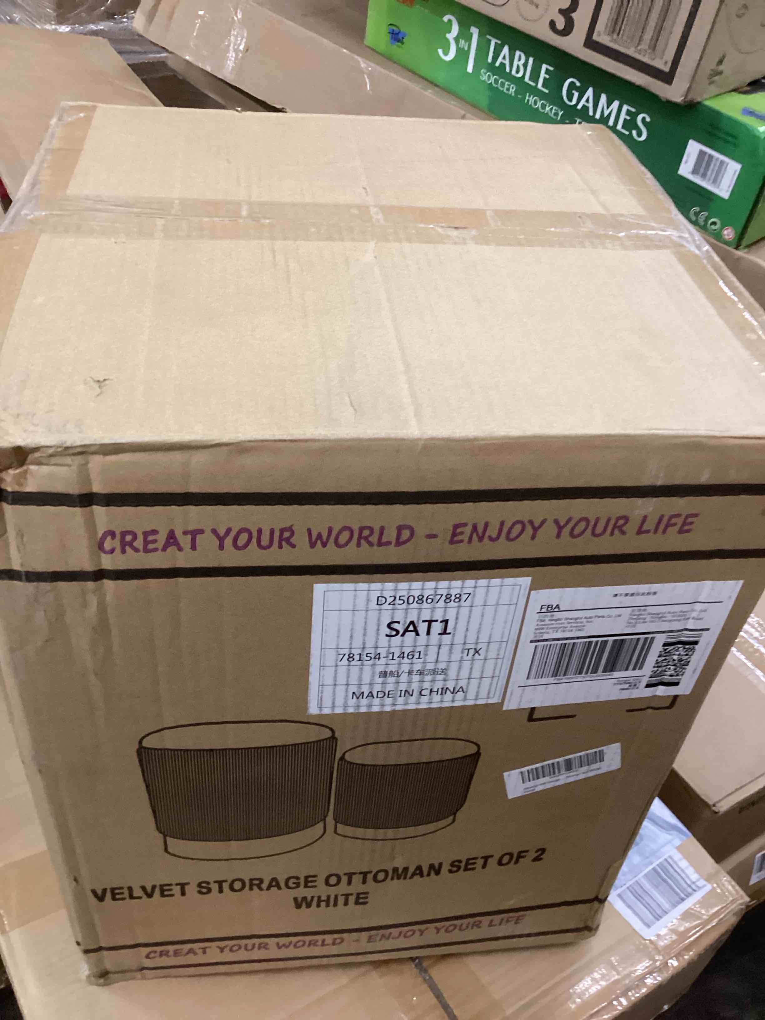 Condition photo showing New/Like New for Round Ottoman with Storage Set of 2 Vanity Stool Foot Rest with Removable Lid White Velvet Storage Ottoman Stool for Living Room and Dorm Cream