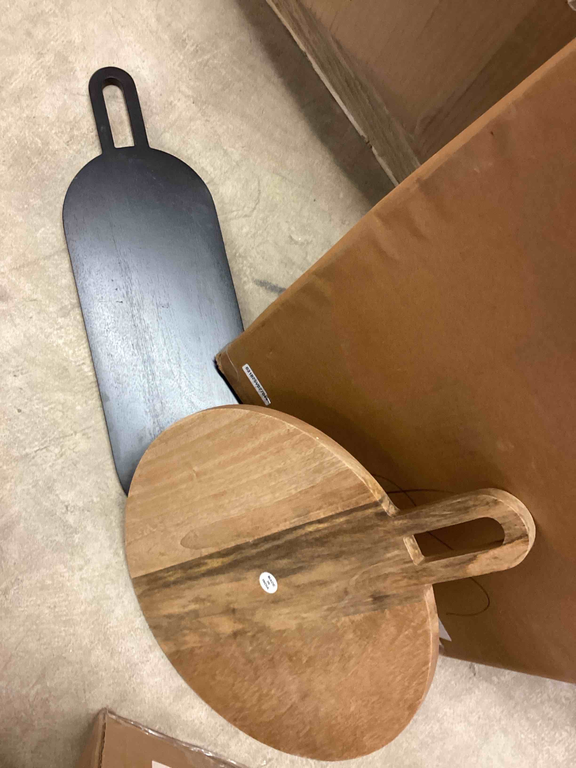 Condition photo showing Good Condition for Kate and Laurel Staven Transitional Two-Piece Serving Boards Set; 7 x 22 and 14 x 18; Natural Brown and Black; Modern Food-Safe Charcuterie Boards with Solid Mango Construction