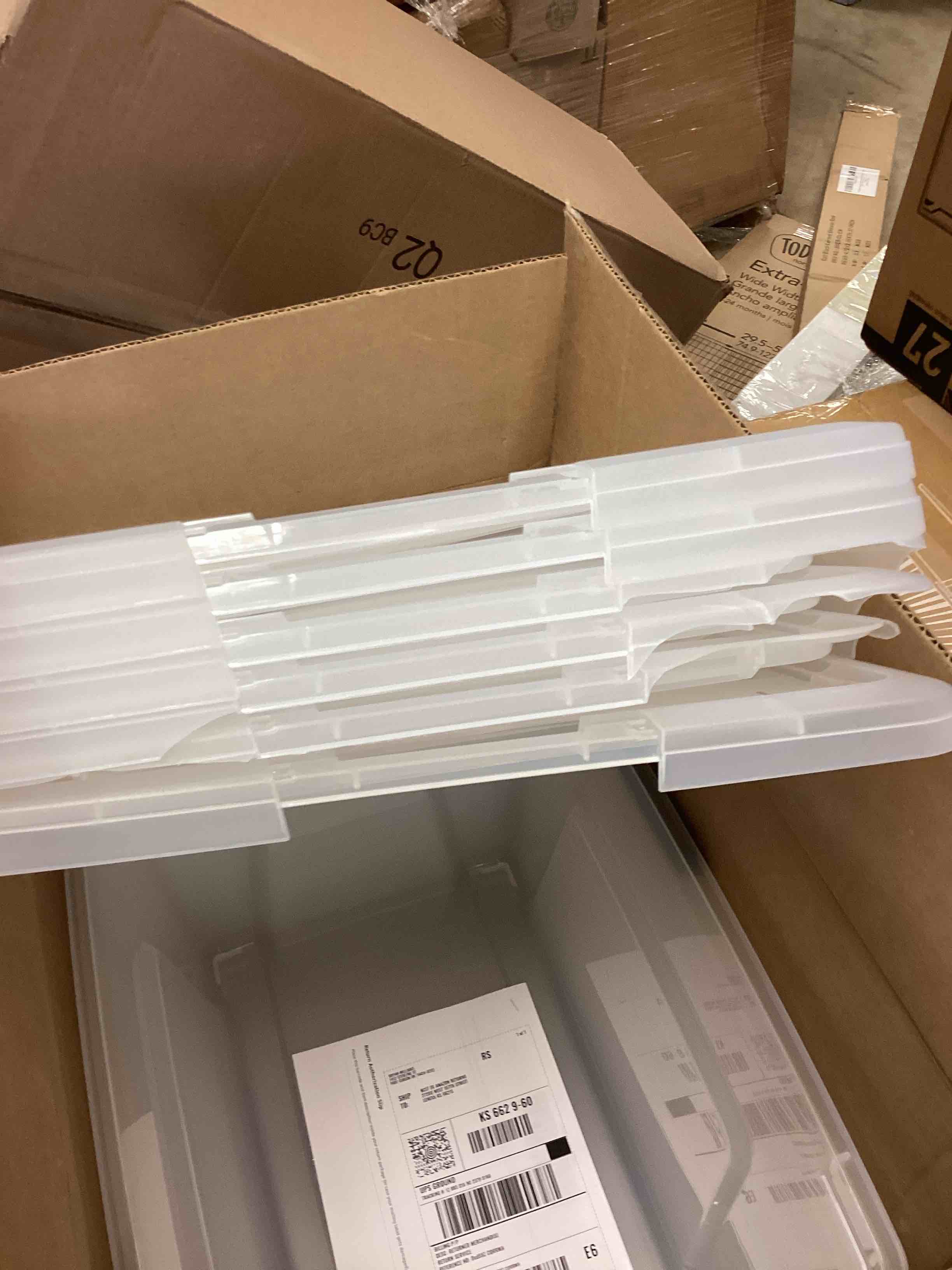 Condition photo showing As Is for IRIS USA 54 Qt Stackable Plastic Storage Bins with Lids, 6 Pack - BPA-Free, Made in USA - See-Through Organizing Solution, Latches, Durable Nestable Containers, Secure Pull Handle - Clear Clear 54 Qt 6 Pack (damaged lids) 