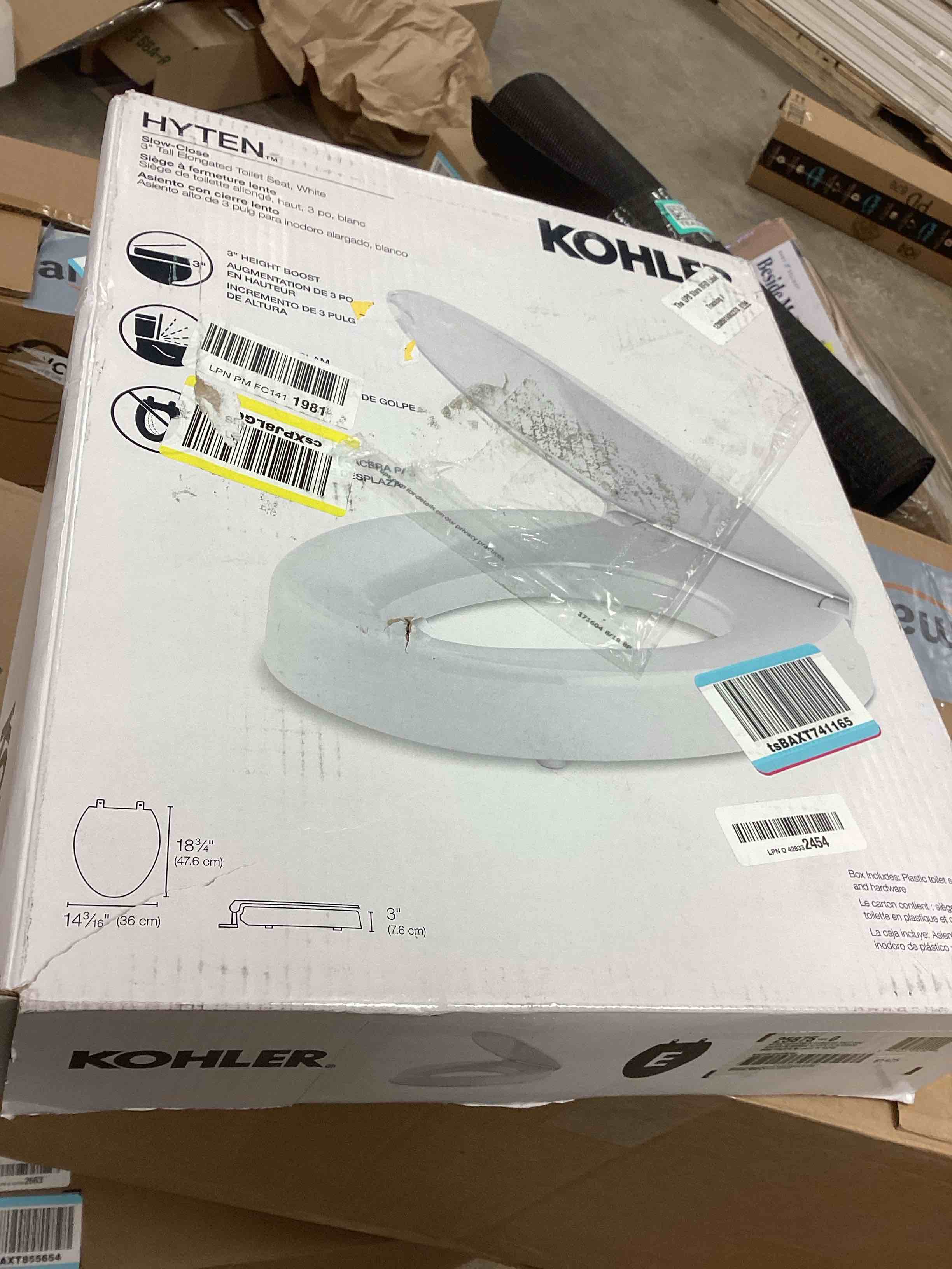 Condition photo showing Good Condition for KOHLER 25875-0 Hyten Elevated Quiet-Close Elongated Toilet Seat, Contoured Seat with Grip-Tight Bumpers, Quick-Attach Hardware, White