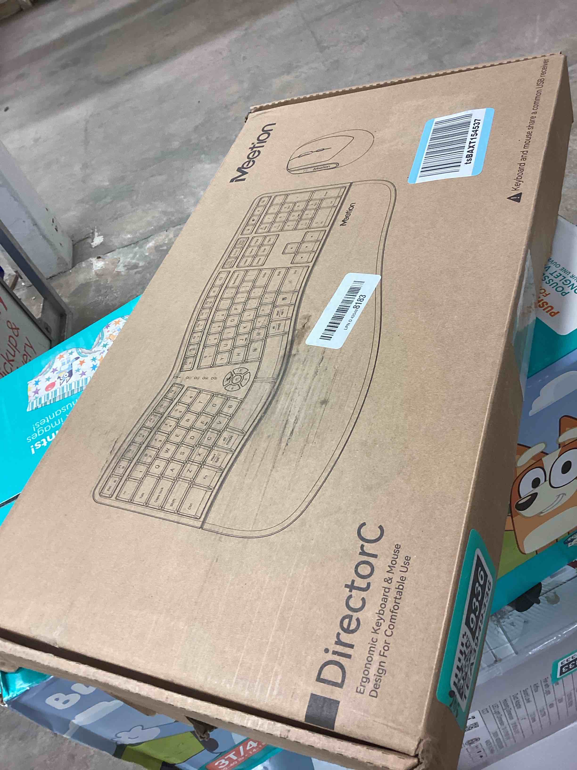 Condition photo showing Good Condition for MEETION Ergonomic Keyboard and Mouse, 2.4G Wireless/Bluetooth Split Keyboard with Cushioned Palm Rest, 4 DPI Adjustable Mouse, Full Size Multi-Device Keyboard for Windows/Mac/PC/Laptop, Black