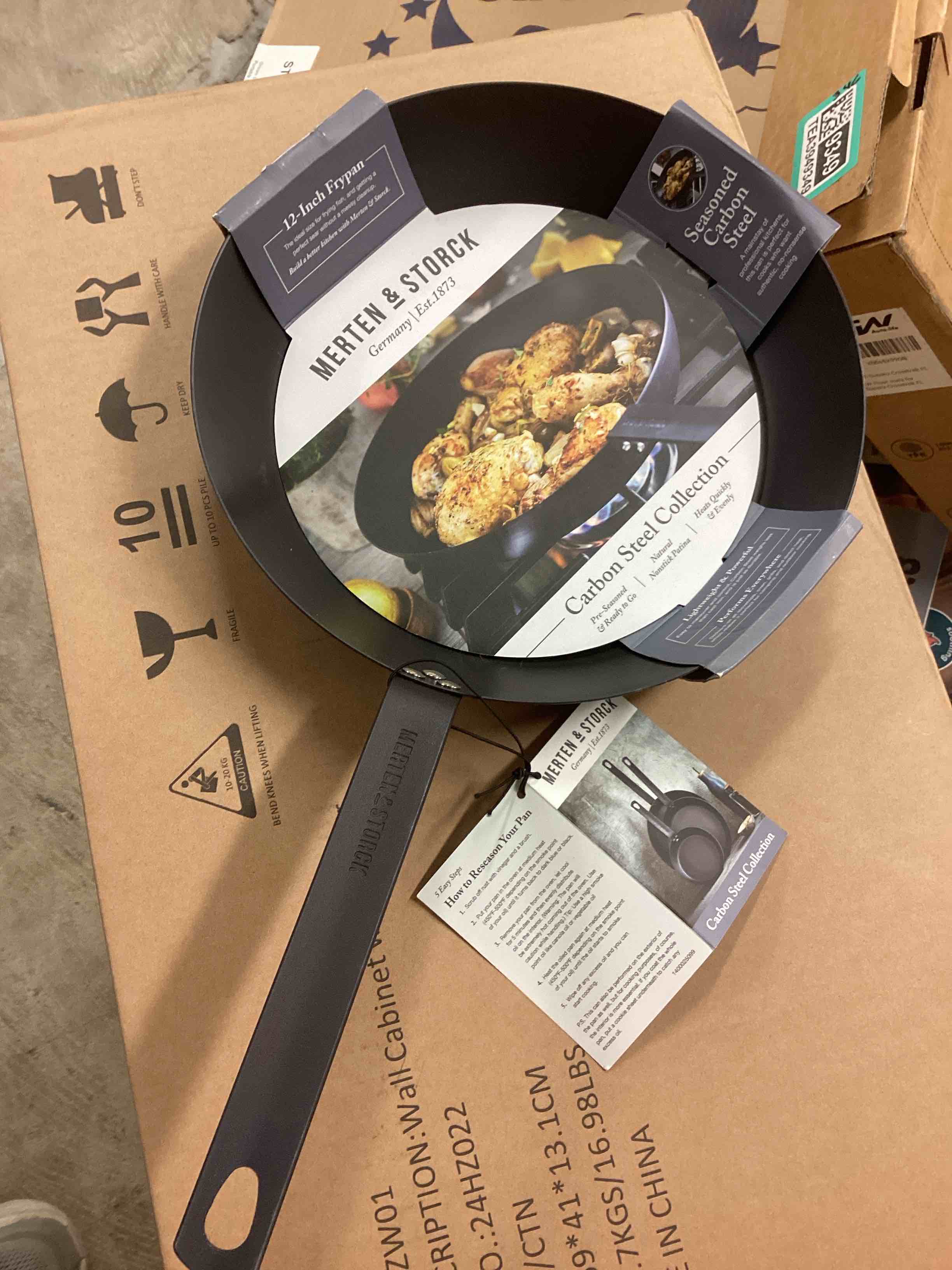 Condition photo showing New/Like New for Merten & Storck Pre-Seasoned Carbon Steel 12" Frying Pan Skillet, Fast Heating, Naturally Nonstick, Induction & Oven Safe, High-Heat & Open Flame Compatible, Perfect for Searing Grilling & Camping