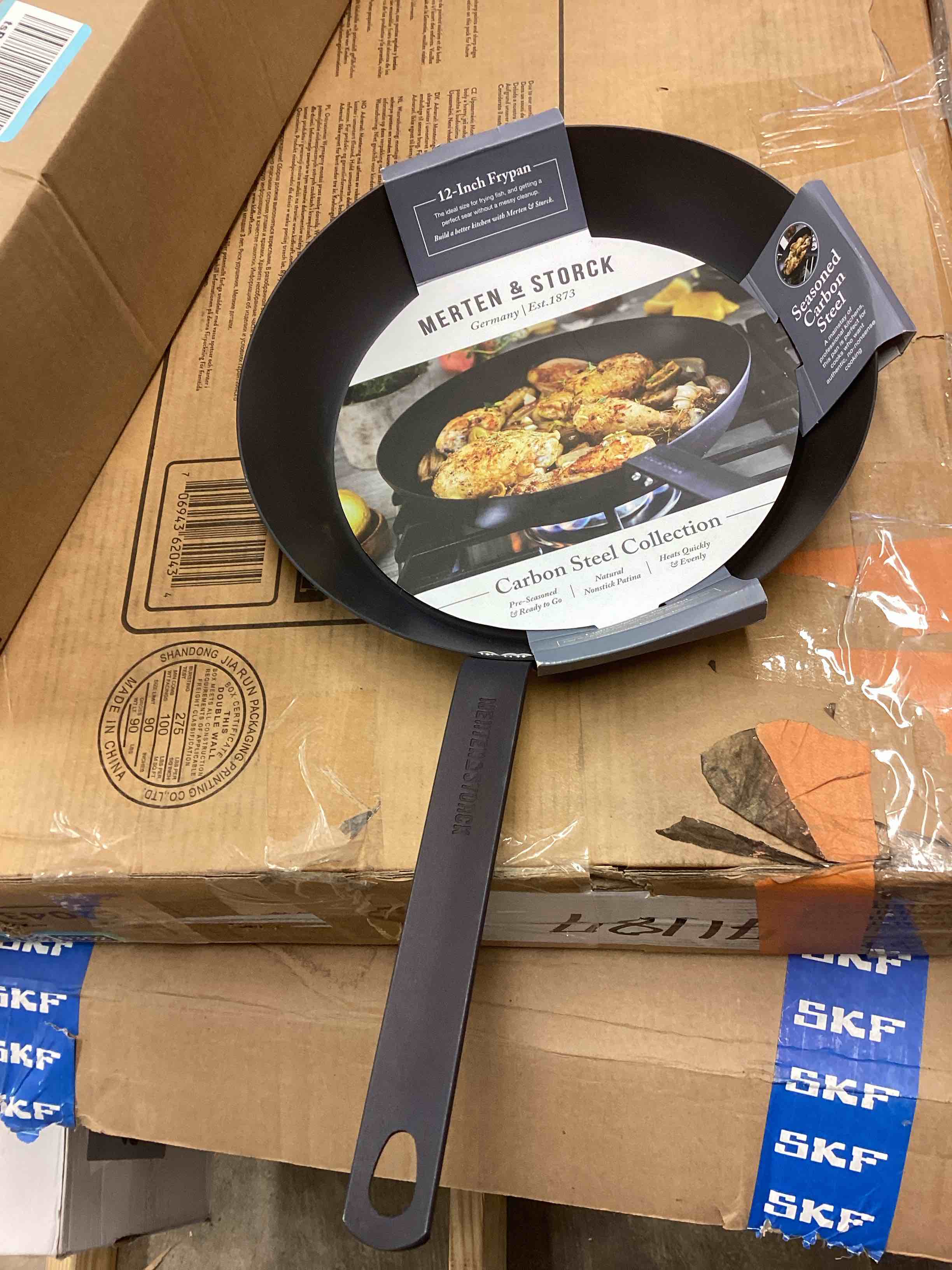Condition photo showing New/Like New for Merten & Storck Pre-Seasoned Carbon Steel 12" Frying Pan Skillet, Fast Heating, Naturally Nonstick, Induction & Oven Safe, High-Heat & Open Flame Compatible, Perfect for Searing Grilling & Camping