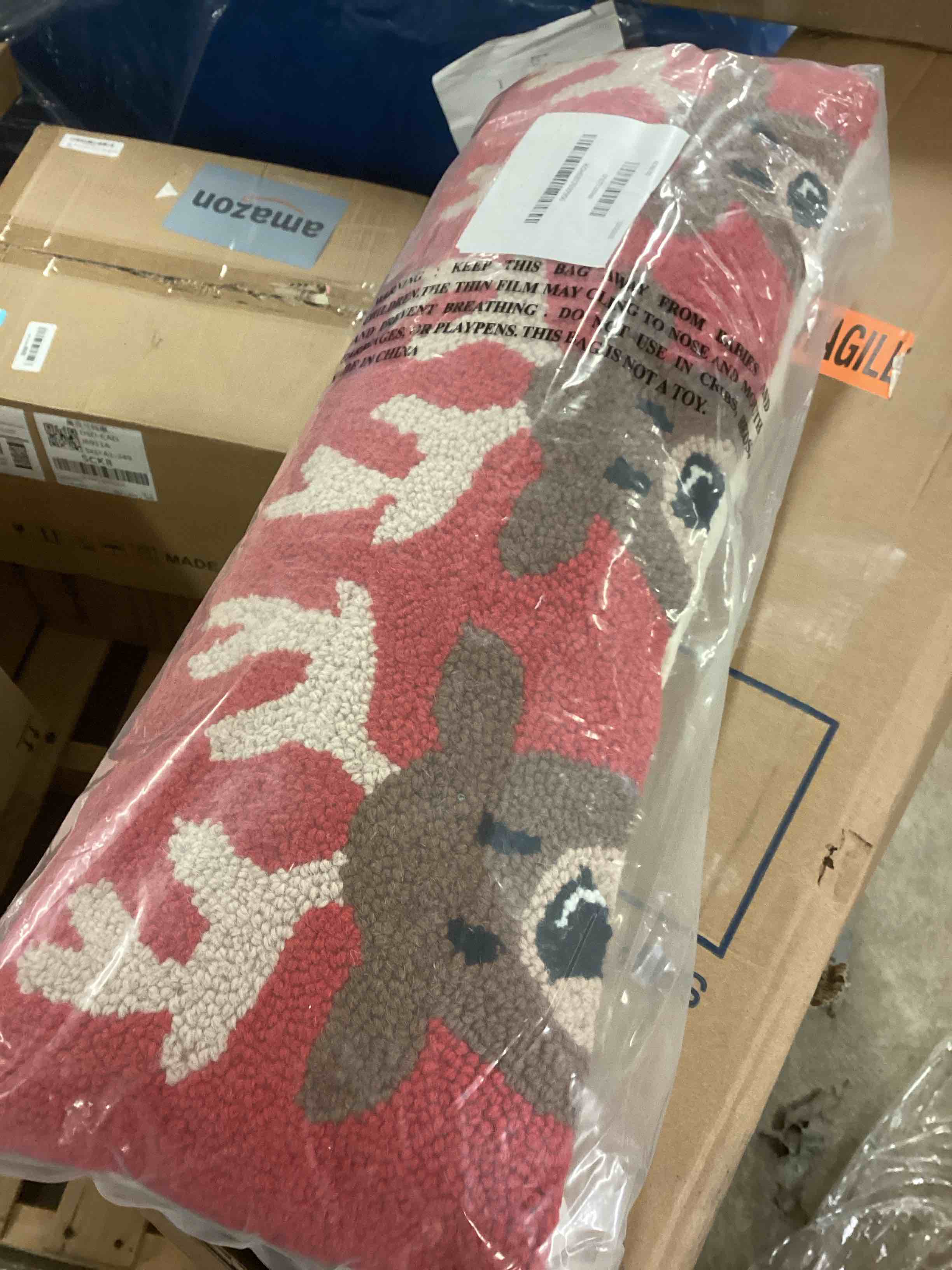 Condition photo showing New/Like New for Peking Handicraft Santa Trio Hook in Reindeer Wool Lumbar Pillow, Multicolored