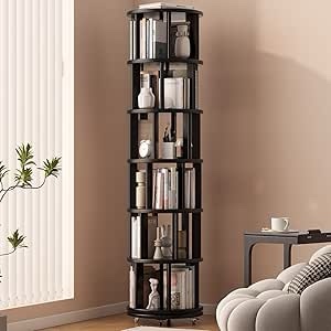 solid wood rotating bookshelf on wheels, 6 tier, round revolving bookcase, 360° spinning book shelf tower for kids, narrow rolling bookshelves for small space, corner, bedroom, office, black