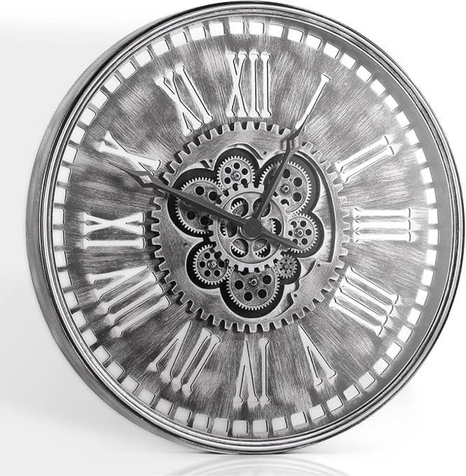 24'' extra large farmhouse wall clock, vintage wall clock with real moving gears/metal frame for living room, dining room, bedroom, office decor. (antique bronze silver)