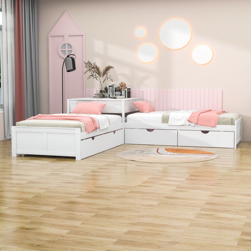 twin size l-shaped platform bed with trundle and two drawers(incomplete box 2/2)