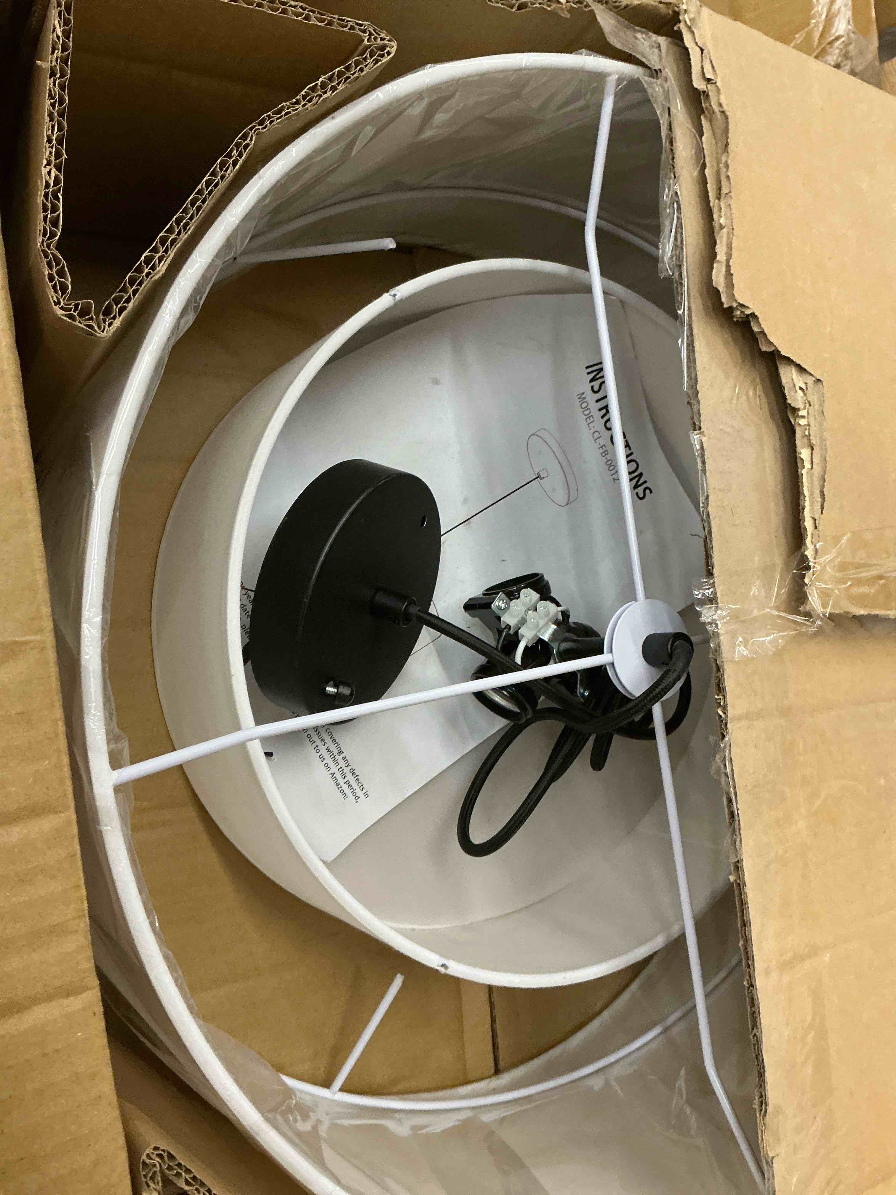 Condition photo showing As Is for 18" drum fabric pendant light, large modern hanging ceiling chandelier fixture with dual layer fabric shade, ideal for dining room, living room, bedroom, and kitchen