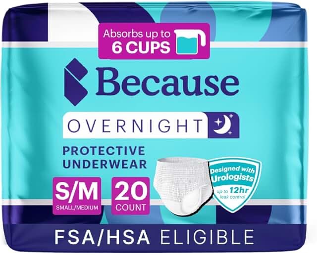 because unisex premium overnight plus pull up underwear - extremely absorbent, soft & comfortable nighttime leak protection - white, small-medium - absorbs 6 cups - 20 count