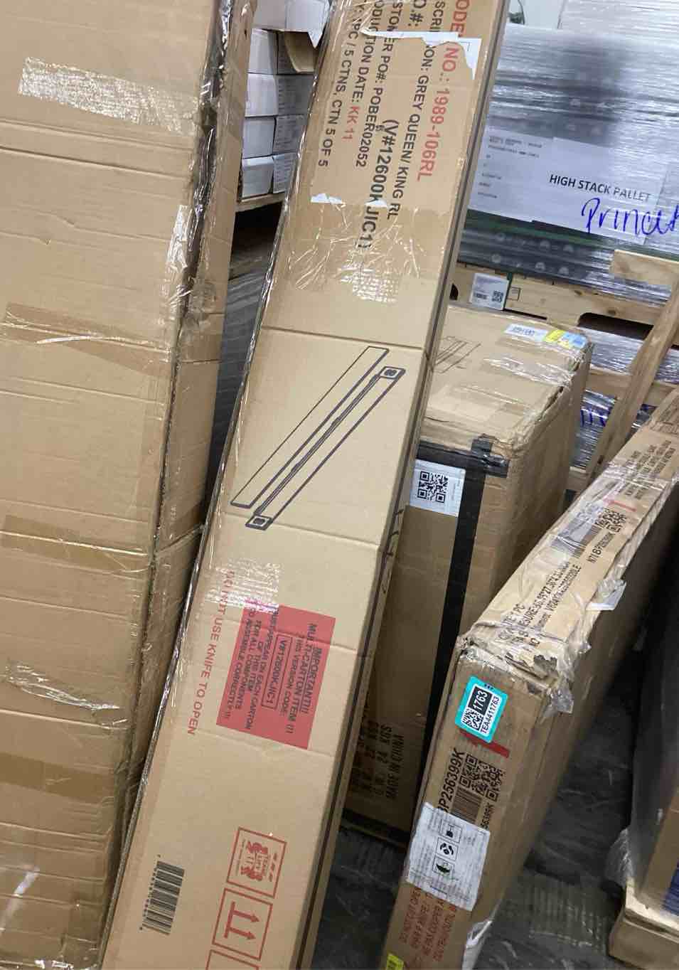 Condition photo showing New/Like New for bernards coventry gray upholstered king panel canopy bed (incomplete - only 3 boxes out of 5)