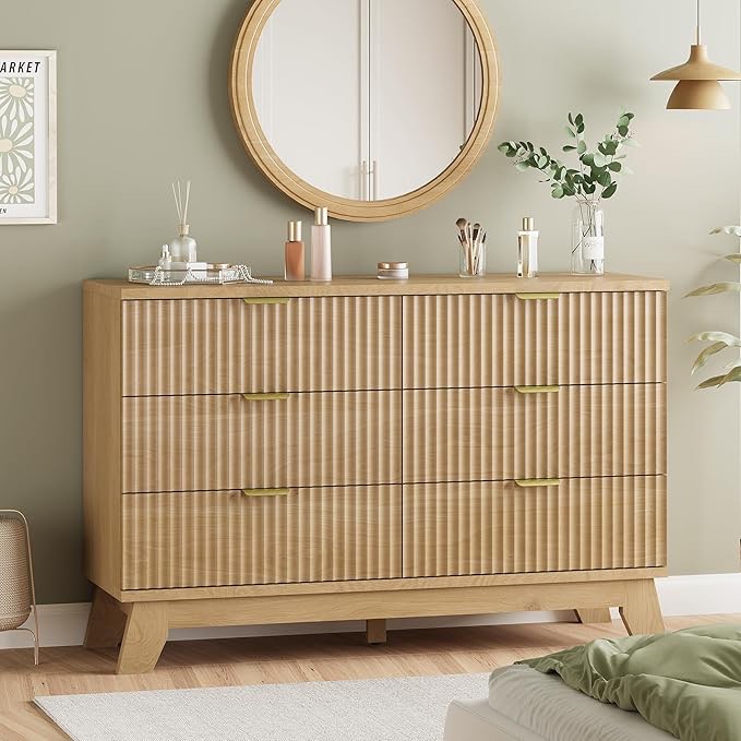 6 drawer dresser for bedroom, fluted dressers chest of drawers with gold handle, mid century modern dresser for closet, wood closet storage organizer furniture for bedroom, living room, natural