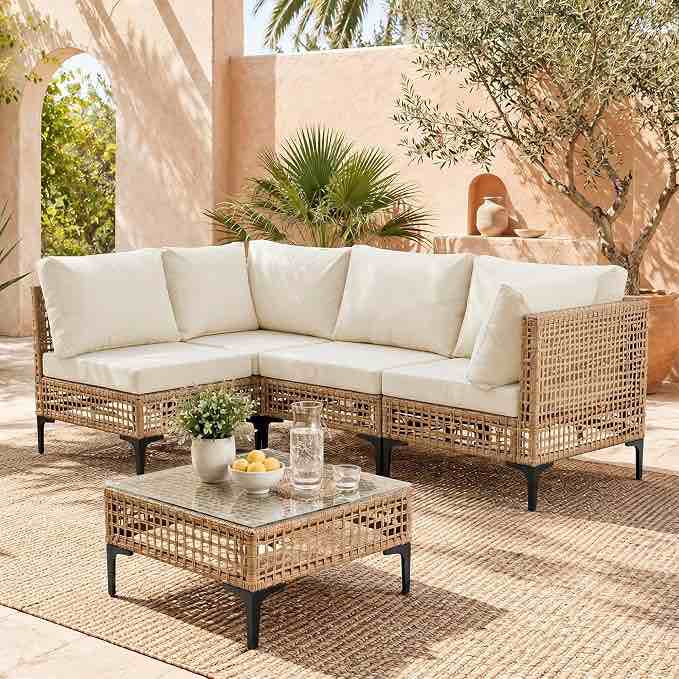 outdoor wicker patio furniture sectional sofa with cushions, beige (not included coffee table)