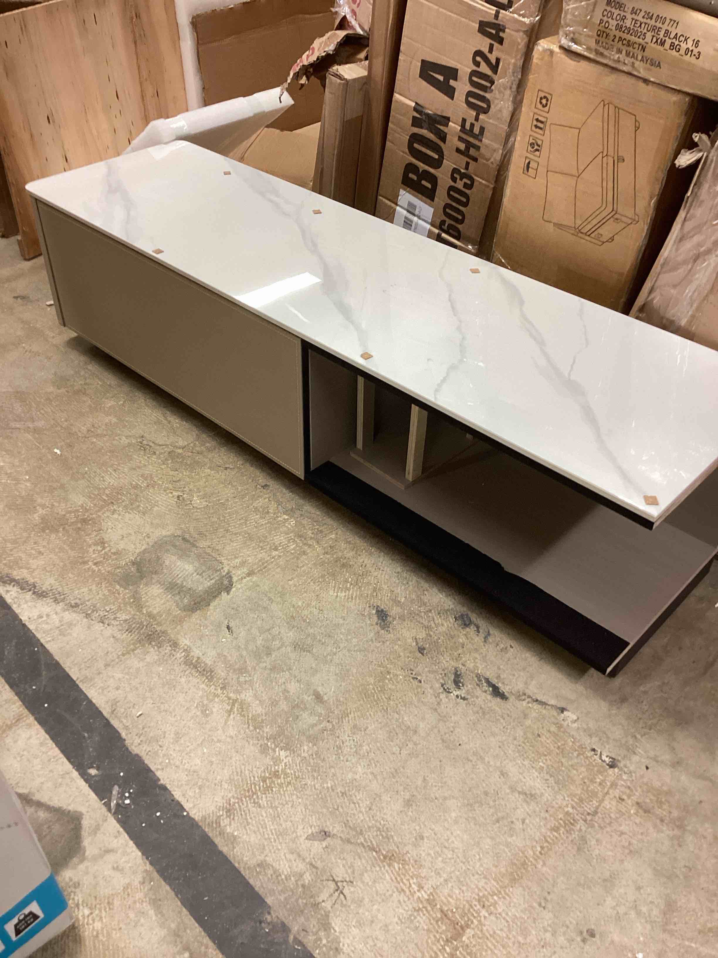 Condition photo showing As Is for frakes solid wood tv stand for tvs up to 75" by hokku designs (incomplete 2-boxes only) (model similar from stock photo)