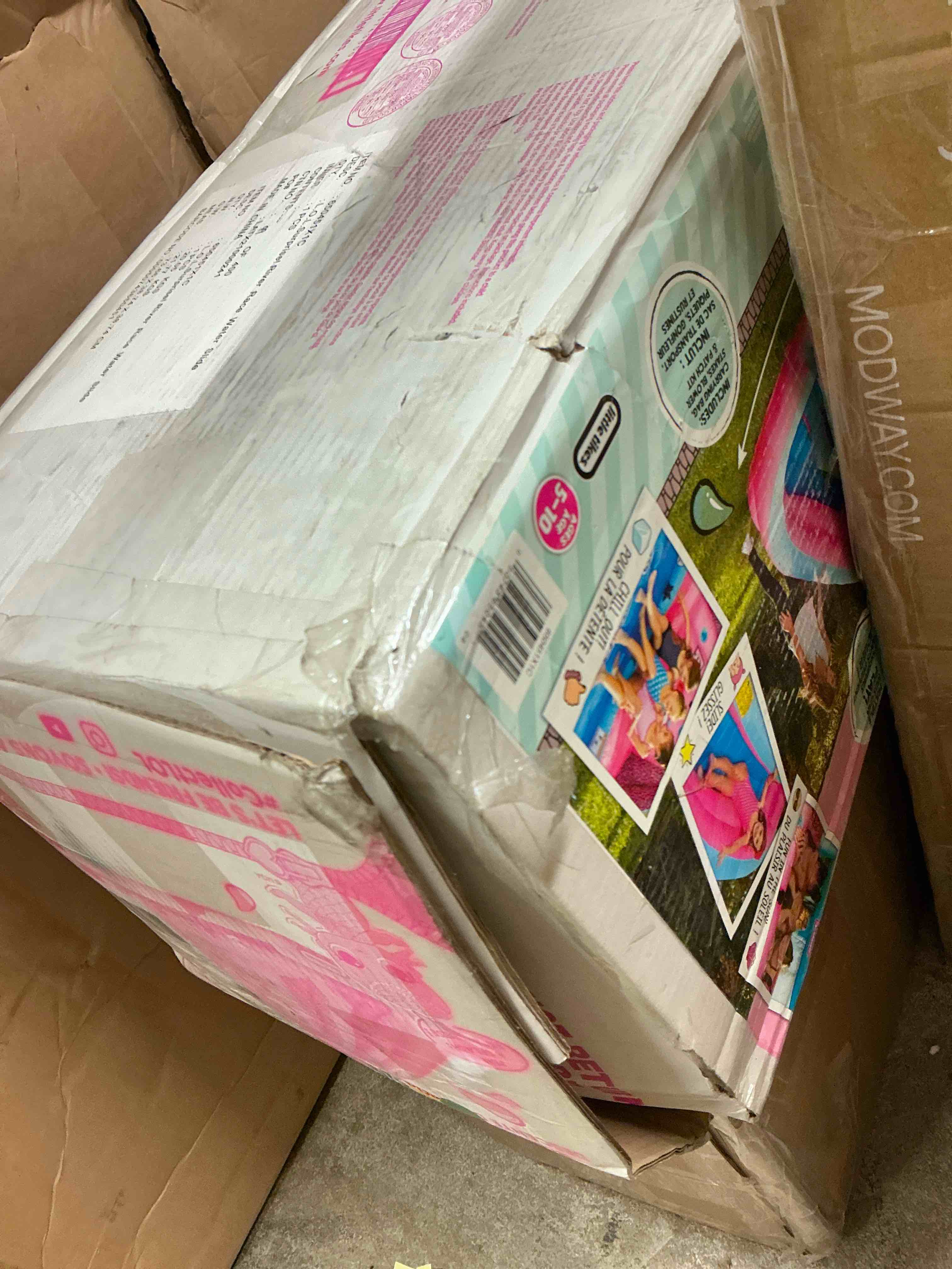 Condition photo showing New/Like New for lol surprise pink river race inflatable water park 2 slides climbing wall & blower outdoor toy ages 4 and up