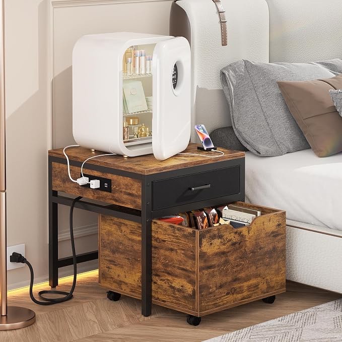 unikito mini fridge stand with drawer storage & sockets, rustic brown | heavy duty small refrigerator and microwave cart, holds 300 lbs, space saving table for dorm, apartment, office, bedroom.
