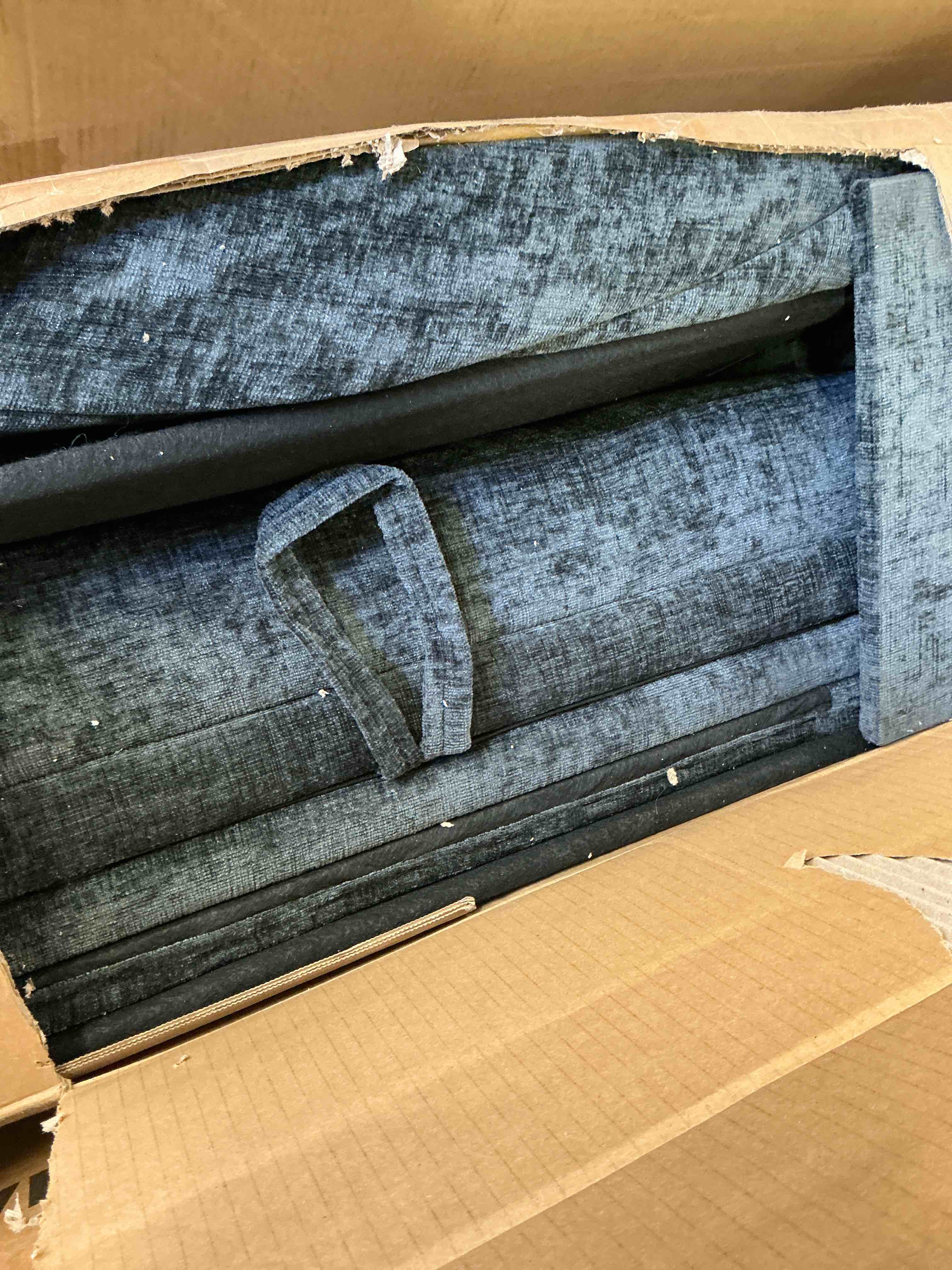 Condition photo showing As Is for (incomplete) blue chenille padded modular queen size sectional sofa bed with storage space usb ports and cup holders on the armrests