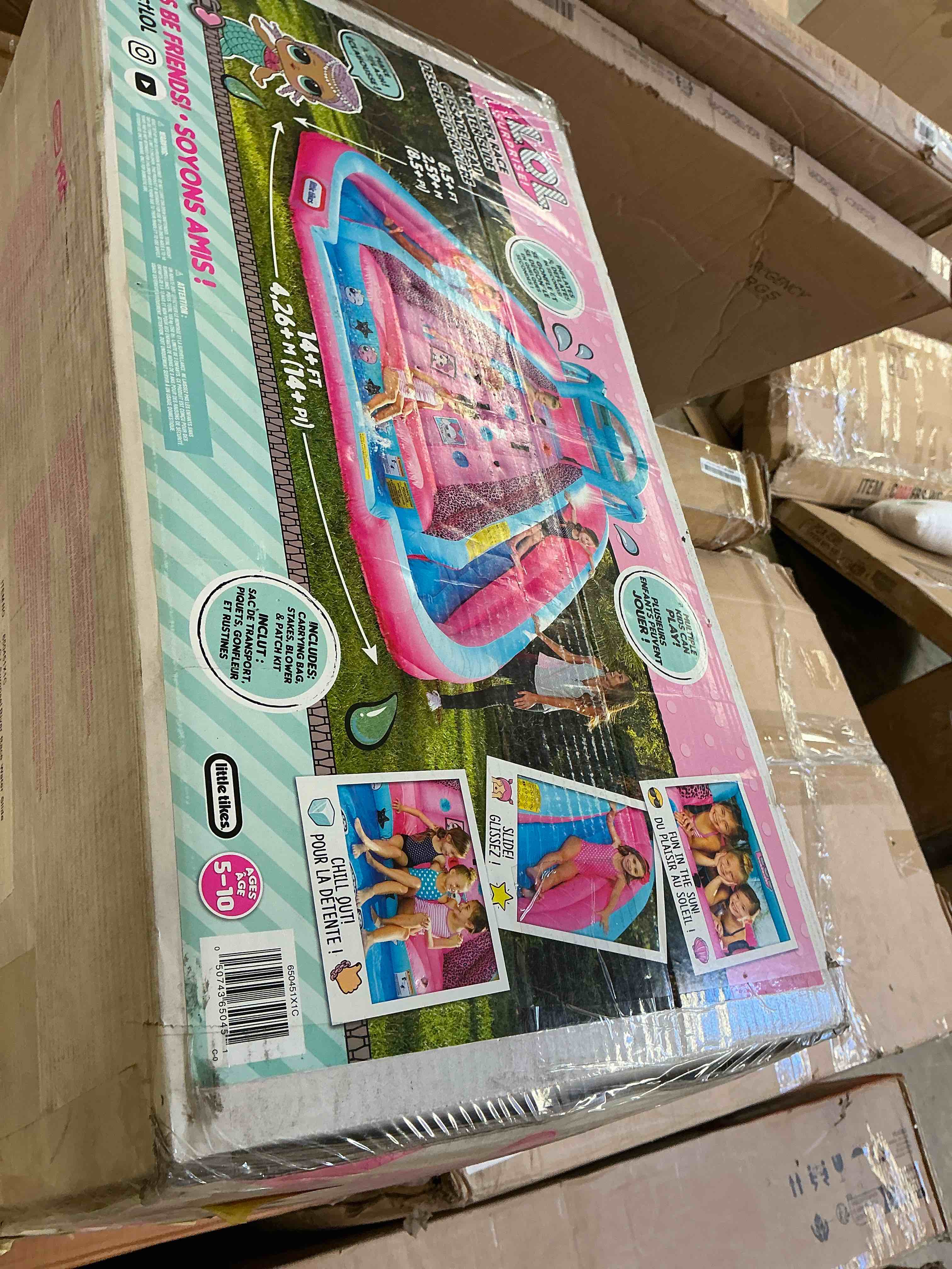 Condition photo showing New/Like New for lol surprise pink river race inflatable water park 2 slides climbing wall & blower outdoor toy ages 4 and up