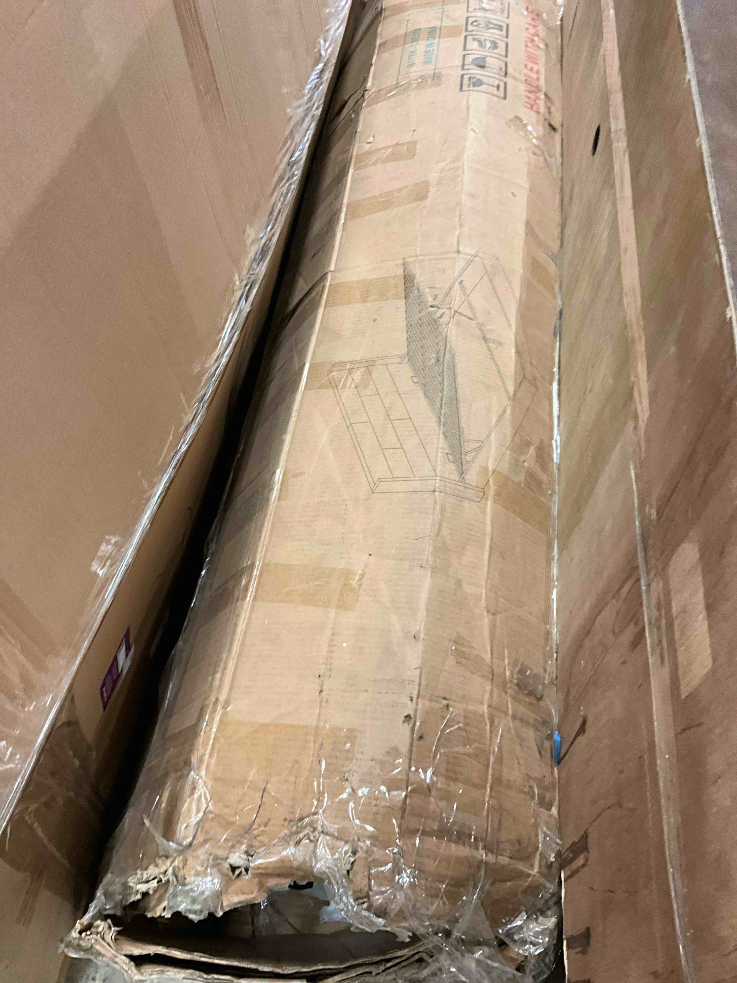 Condition photo showing As Is for king size platform bed with lift storage, cream
