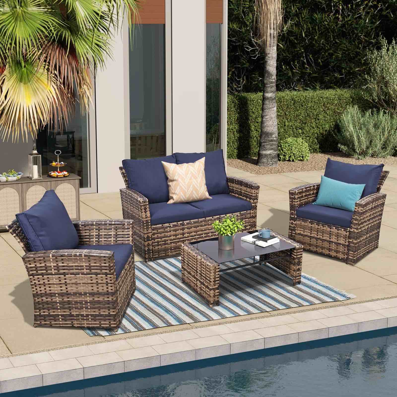 thicker 4-piece wicker outdoor sofa set, 1 loveseats, 2 single sofas, 1 table - n/a - brown-blue (incomplete one box only) ( box # 1)
