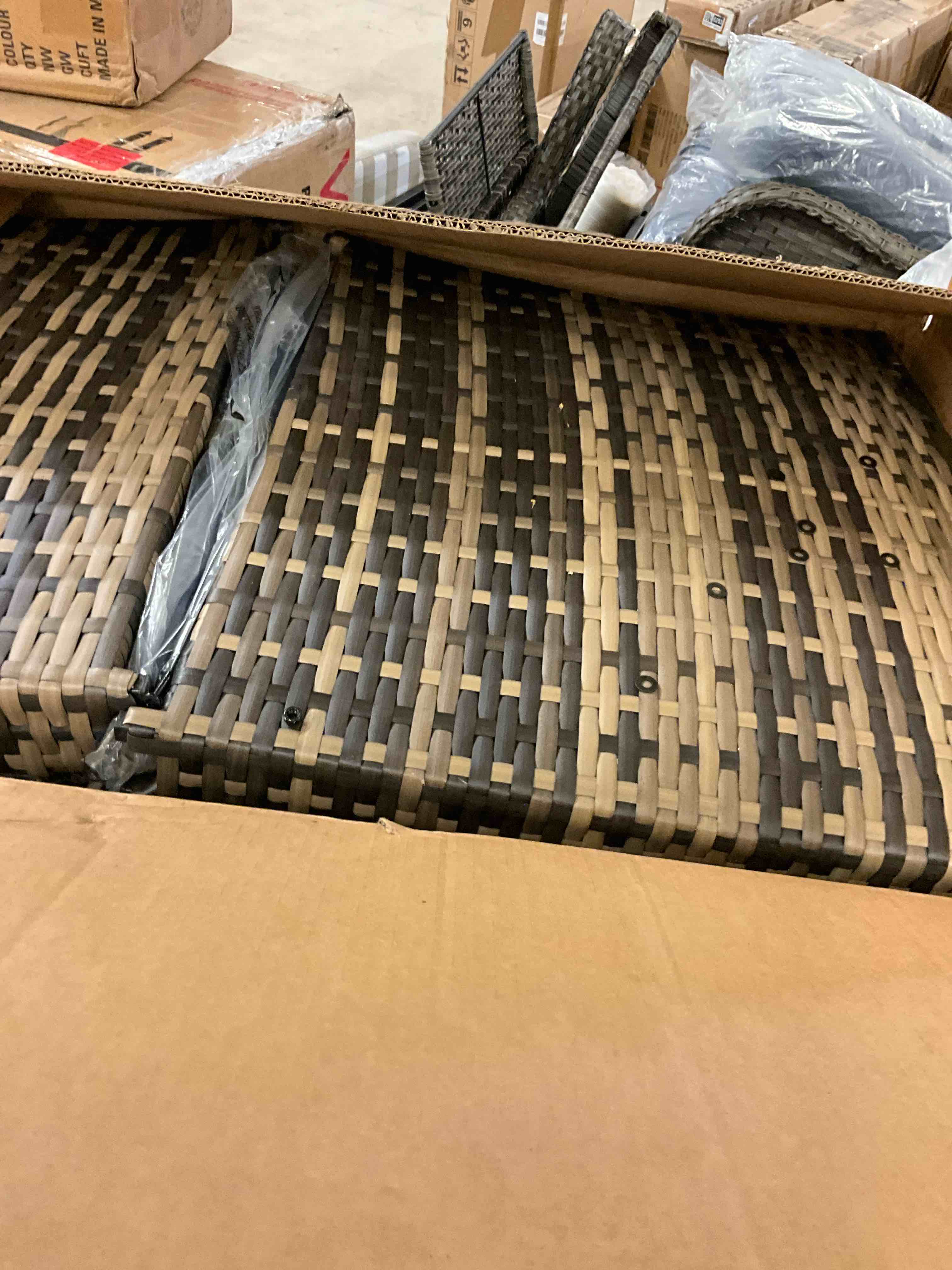 Condition photo showing Good Condition for thicker 4-piece wicker outdoor sofa set, 1 loveseats, 2 single sofas, 1 table - n/a - brown-blue (incomplete one box only) ( box # 1)