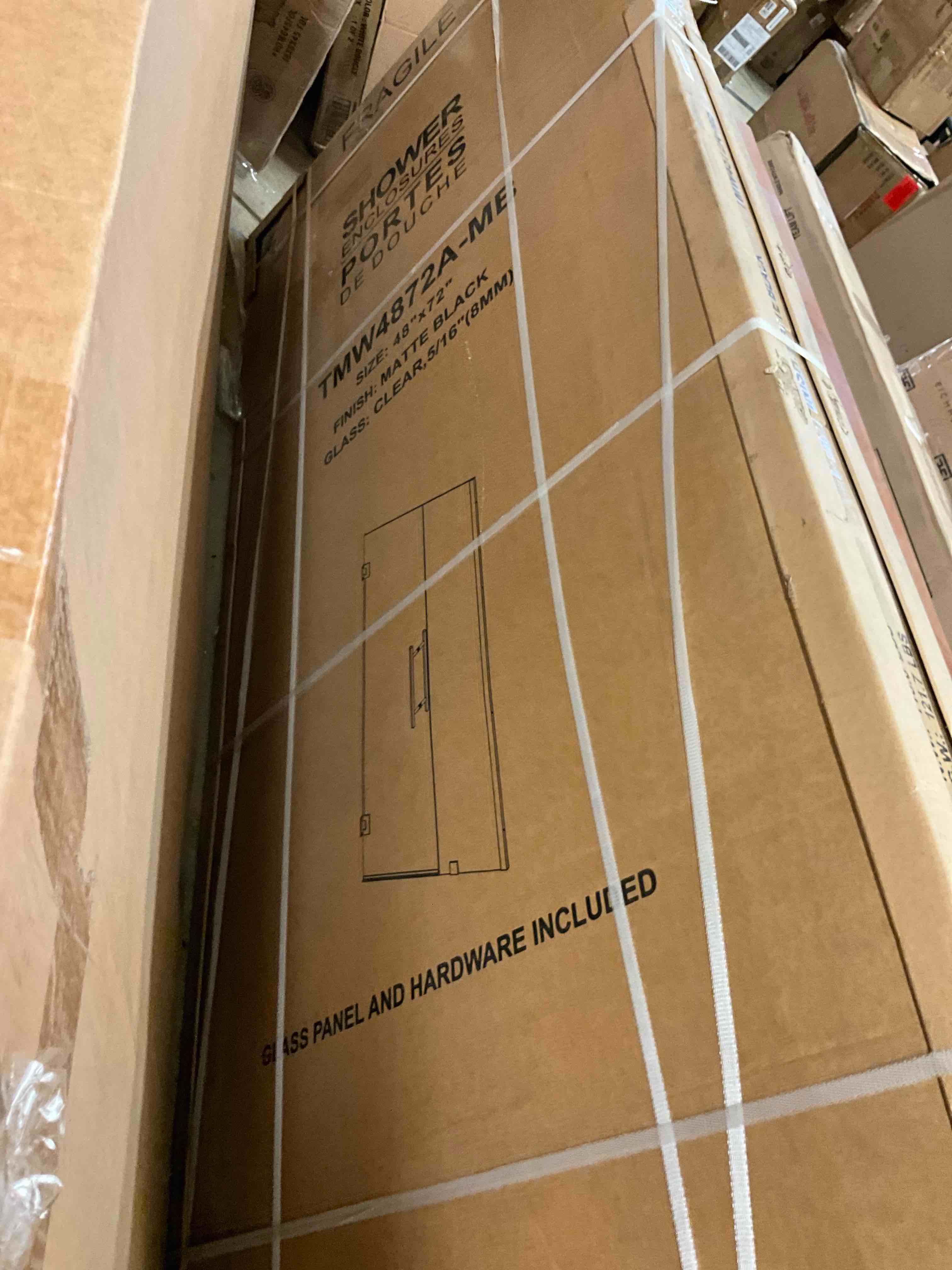 Condition photo showing New/Like New for 48 in. w x 72 in. h frameless pivot shower door in matte black with clear glass