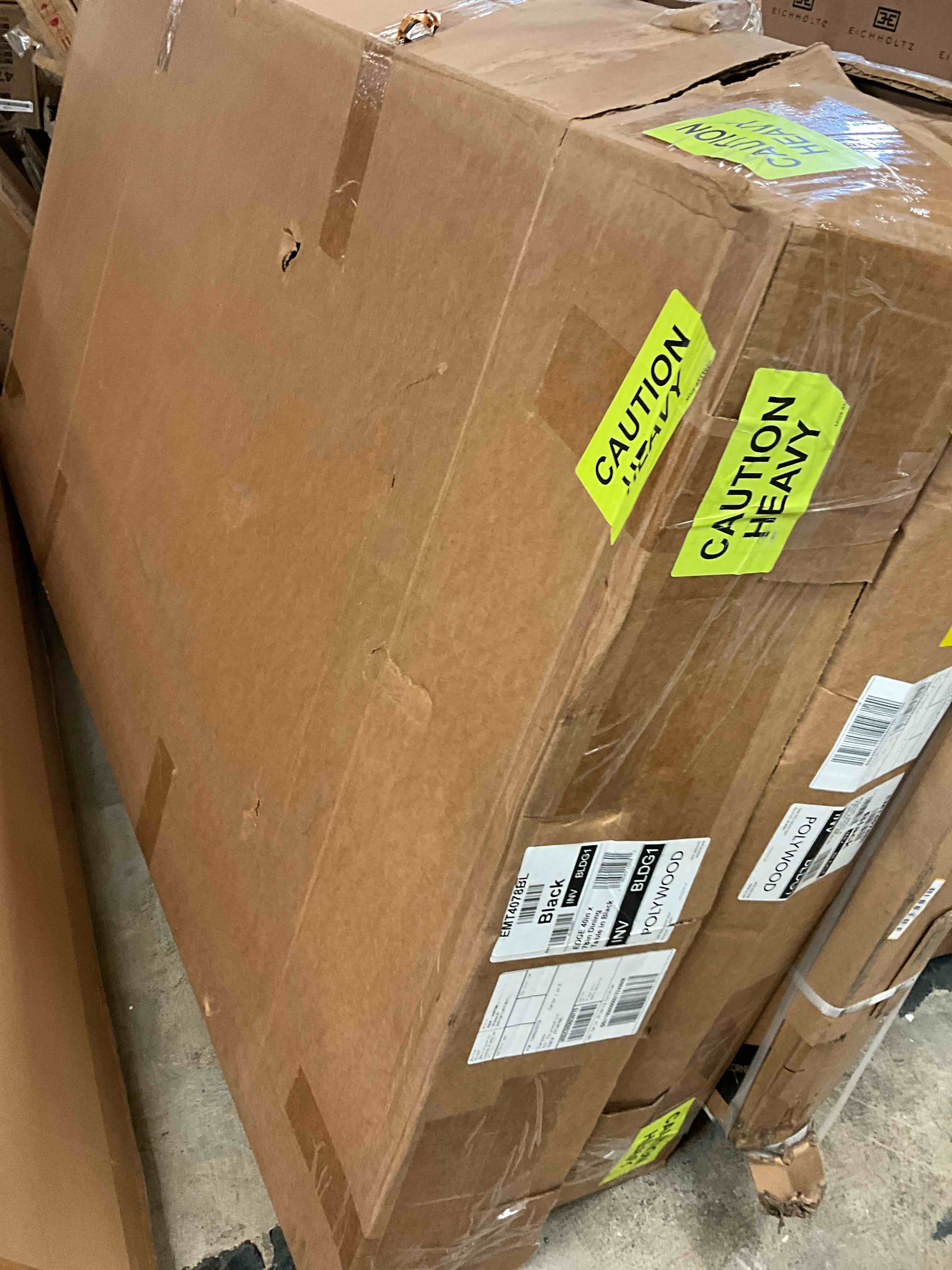 Condition photo showing New/Like New for polywood edge dining table, black (78 x 29.25 x 40.15 (wxhxd), 142 pounds, 39.73 inches diameter, 20-year residential warranty; 3-year commercial warranty)