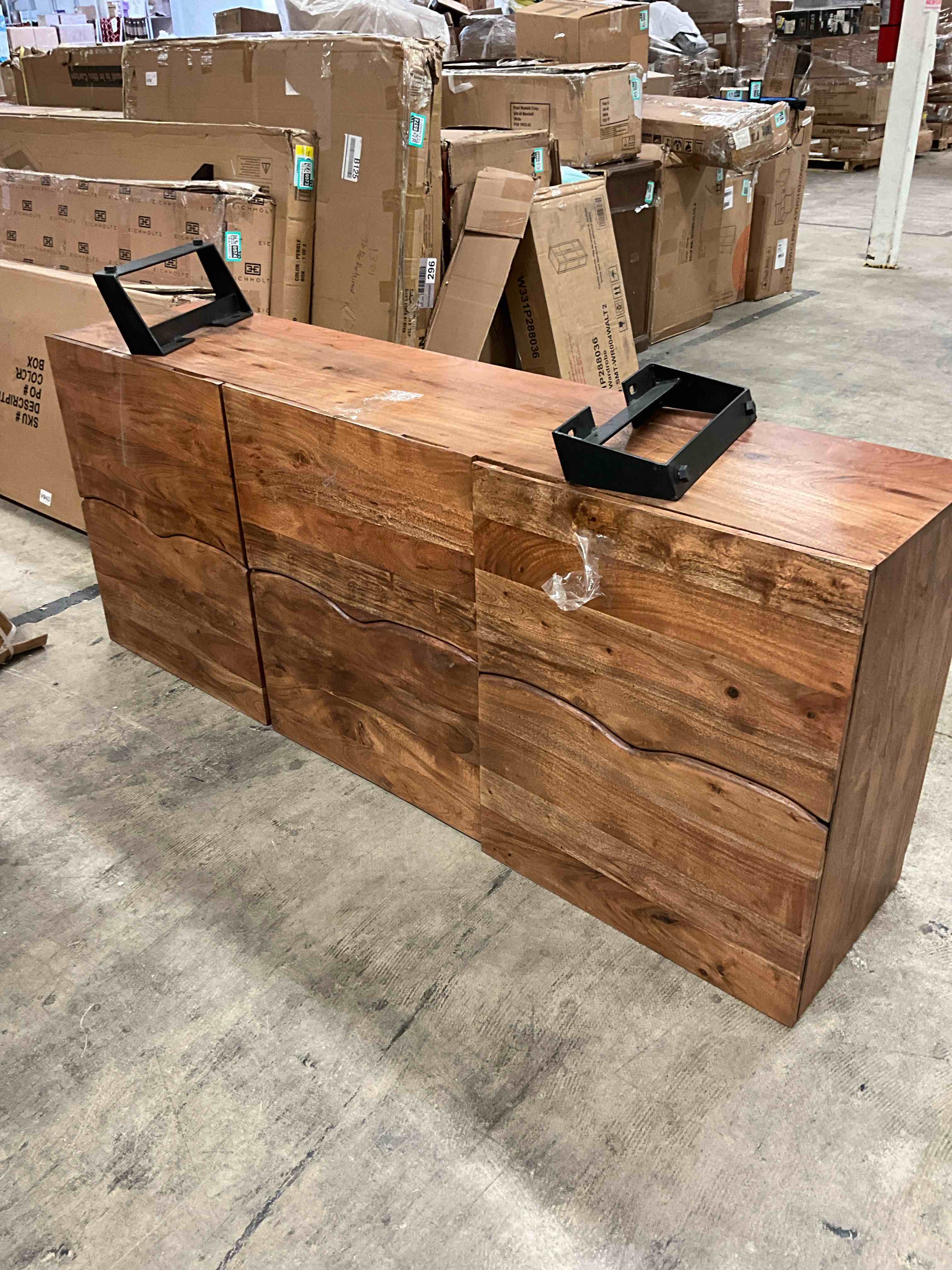 Condition photo showing Good Condition for carbon loft hernandez handmade acacia wood 3-door live edge cabinet (one corner is damage)