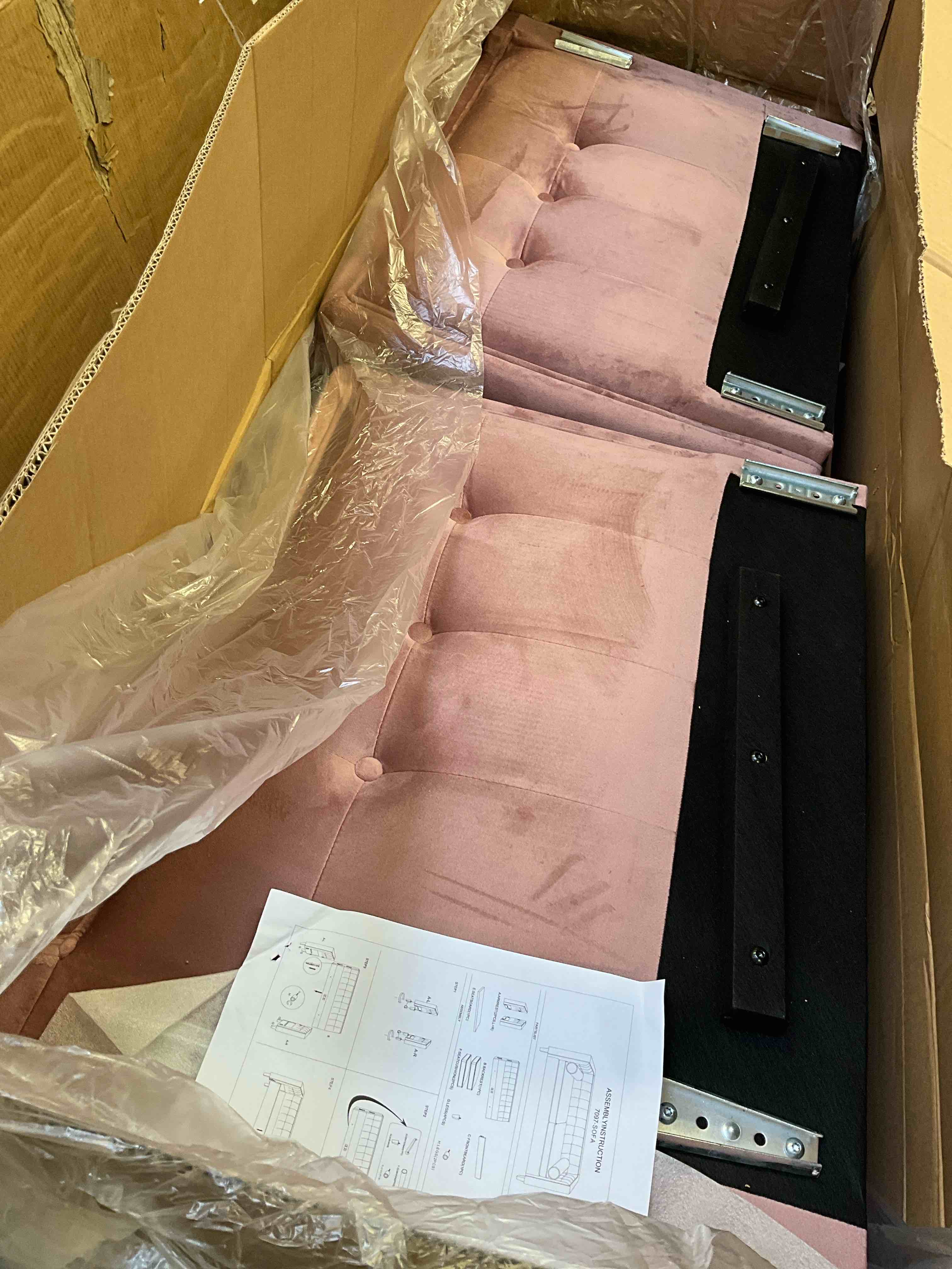 Condition photo showing New/Like New for dreamsir 78'' w velvet sofa, mid-century love seats sofa furniture with bolster pillows, button tufted couch for living room, tool-free assembly, pink