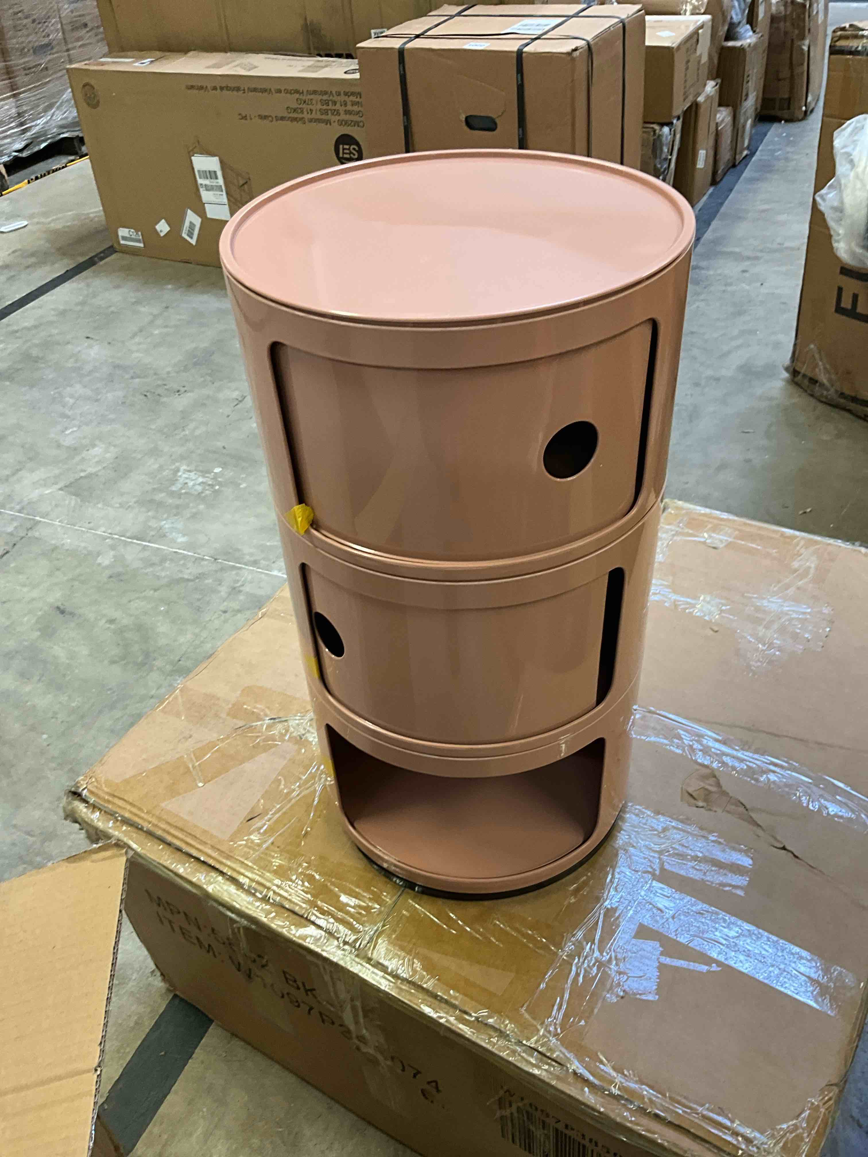 Condition photo showing Good Condition for 3 tier round nightstand with drawer, pink round side table small plastic storage end table for bedroom, living room, bathroom